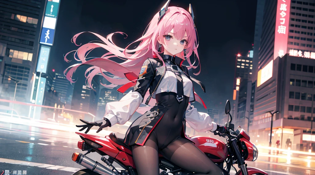 mitsukasa ayas,Highest image quality, excellent detail, 超高分辨率, (Fidelity: 1.4), The best illustrations, Offer details, Highly concentrated 1girl, Has a delicate and beautiful face, Dressed in a black and white mech, wearing a mech helmet, holding direction controller, riding motorcycles, The background is a high-tech light scene of the future city.urban backdrop,black pantyhoses