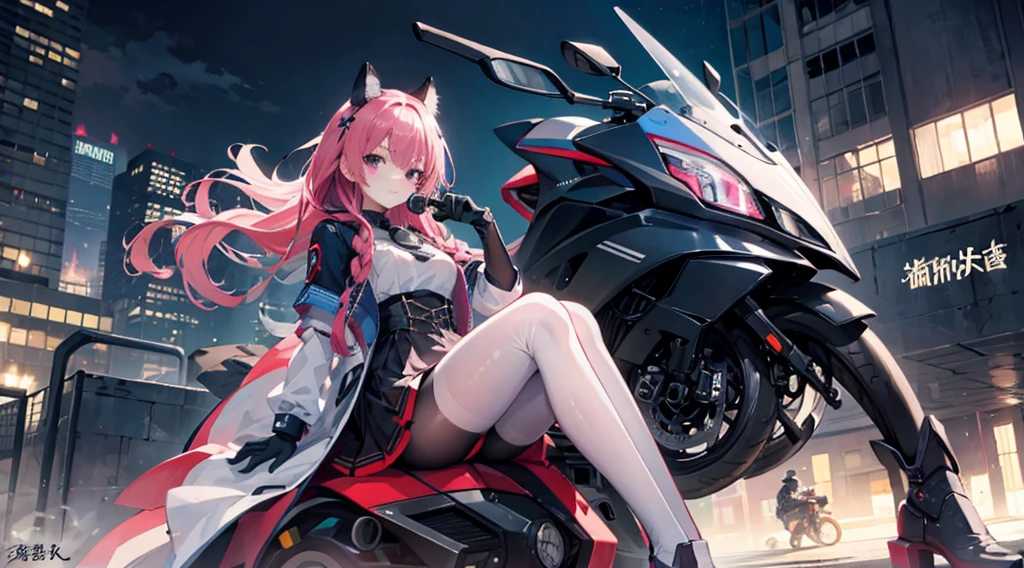 mitsukasa ayas,Highest image quality, excellent detail, 超高分辨率, (Fidelity: 1.4), The best illustrations, Offer details, Highly concentrated 1girl, Has a delicate and beautiful face, Dressed in a black and white mech, wearing a mech helmet, holding direction controller, riding motorcycles, The background is a high-tech light scene of the future city.urban backdrop,black pantyhoses