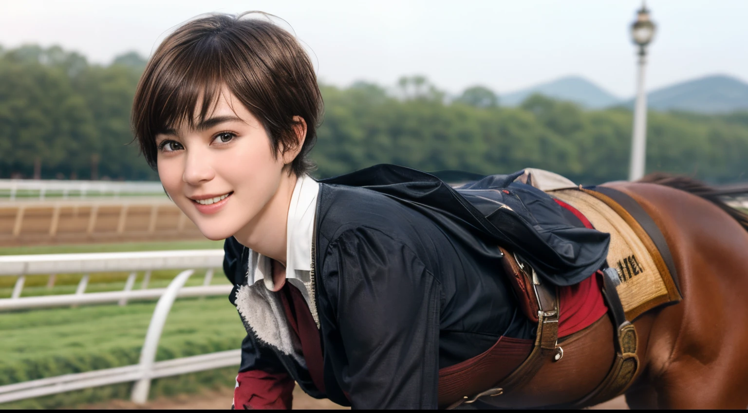 98
(a 20 yo woman,is standing), (A hyper-realistic), (high-level image quality), ((short-hair:1.46)), (Gentle smile), (Keep your mouth shut), (Riding a horse), (ride horse、Horse racing、carriage)