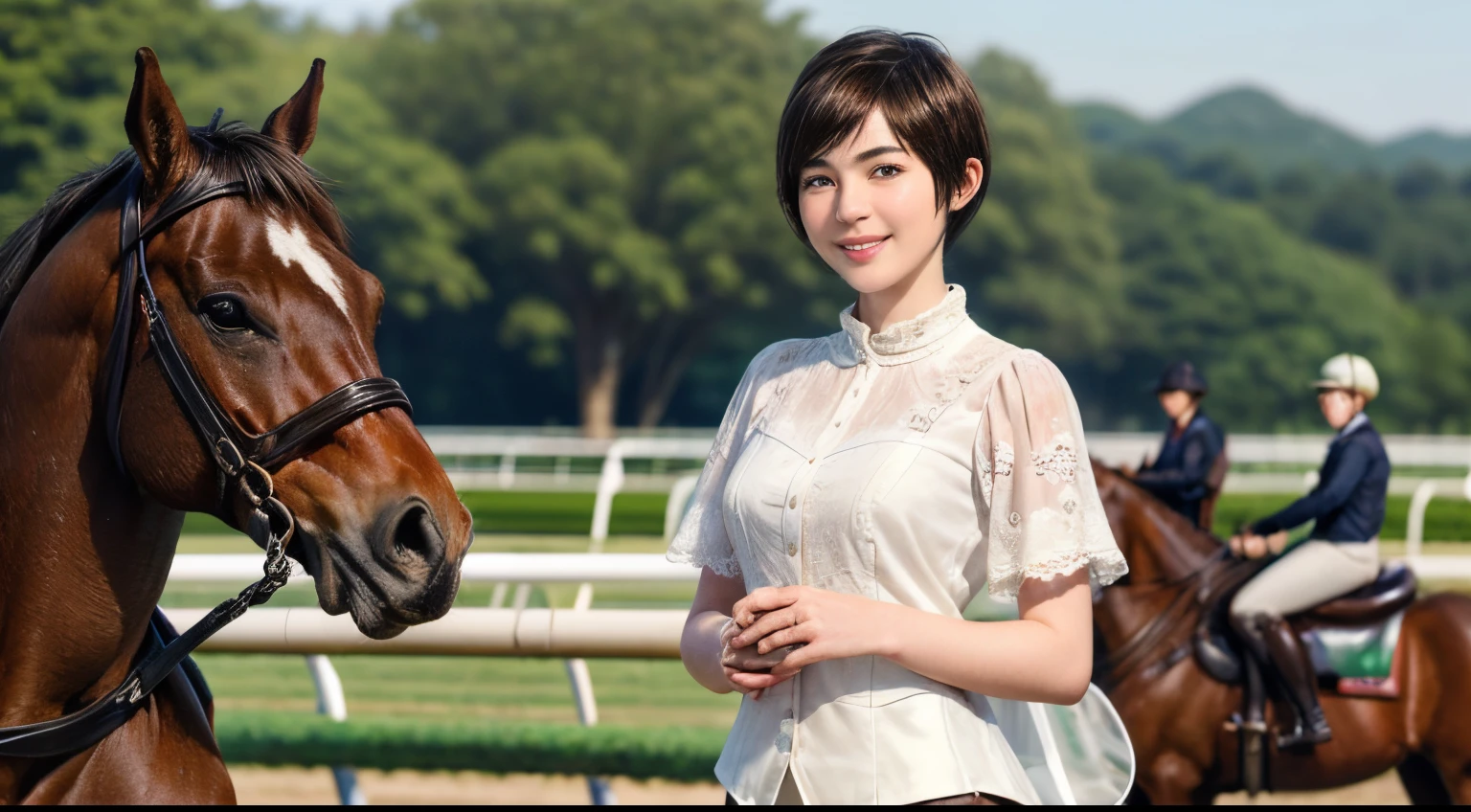 98
(a 20 yo woman,is standing), (A hyper-realistic), (high-level image quality), ((short-hair:1.46)), (Gentle smile), (Keep your mouth shut), (Riding a horse), (ride horse、Horse racing、carriage)