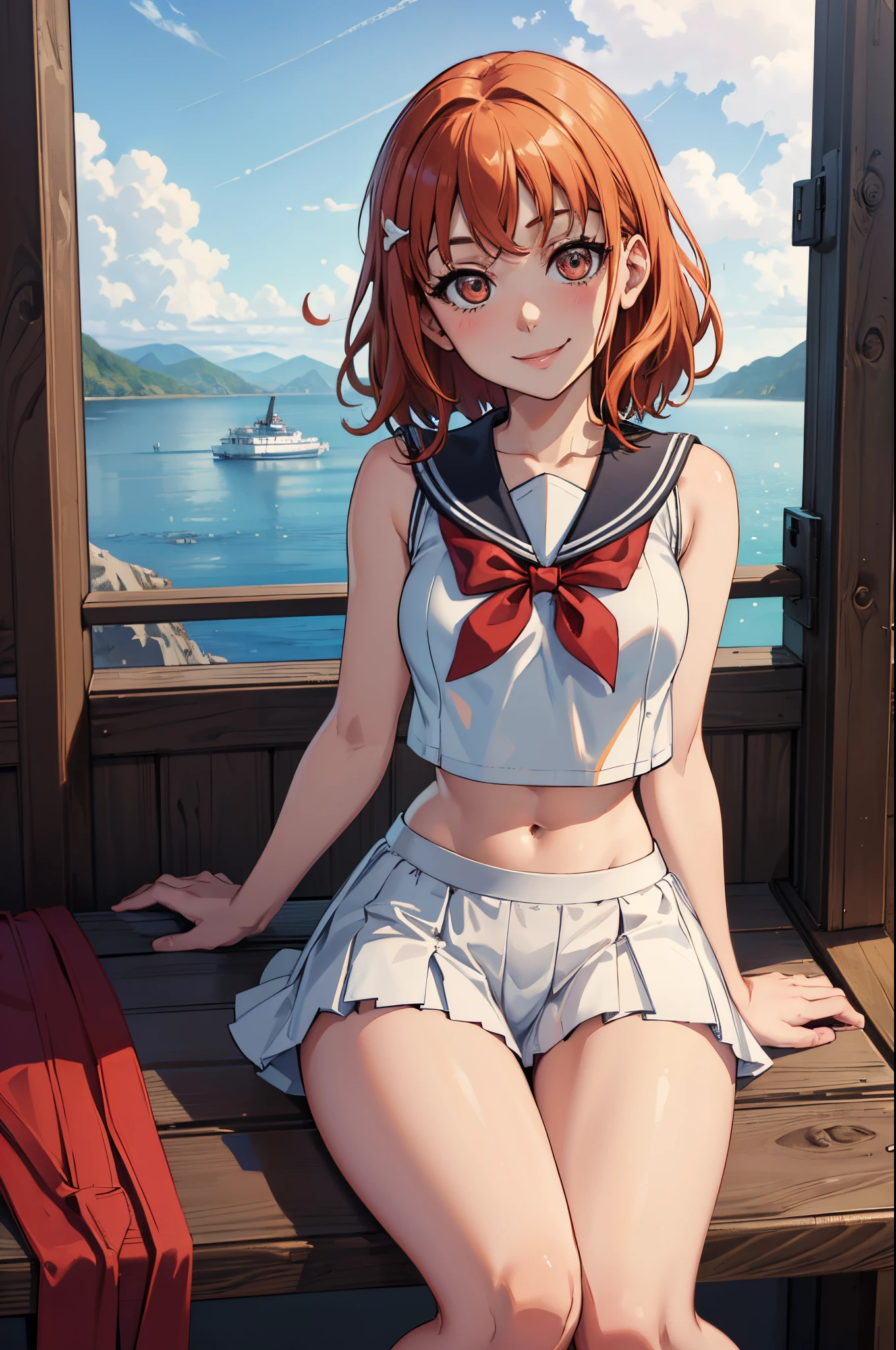 (best quality,4k,8k,highres,masterpiece:1.2), ultra-detailed, on knees, sitting,arms behind back,takami chika, sailor top, school skirt, midriff,  slightly excited and smile, sleeveless, thighs, cowboy shot, open legs, white underwear