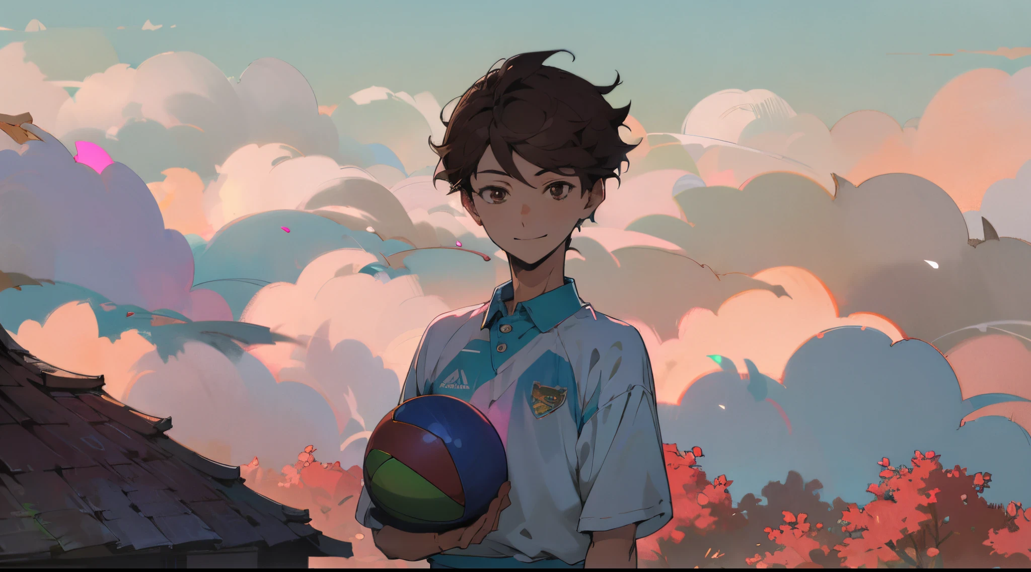 oikawa tooru, 1boy, volleyball outfit, upper body, brown hair, brown eyes, short hair, solo focus, cute, happy, smiling, masterpiece, soft shading, watercolor, best quality, absurdres, joy, happiness, cinematic lighting, high contrast, sharp focus, desktop wallpaper, scenery, flowers, happy feeling, warm feeling, light particles, calm, looking at viewer