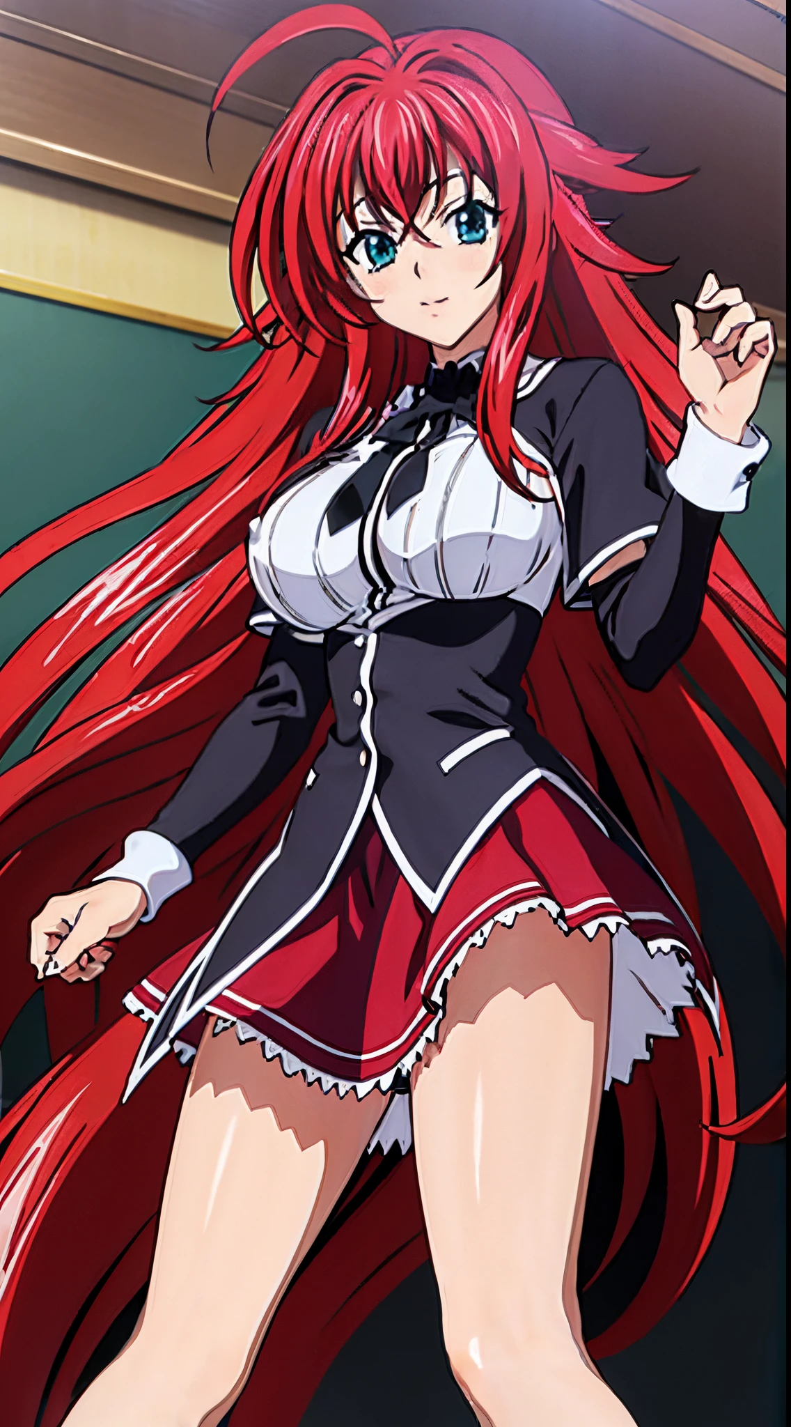 masterpiece, best quality, beatifull face, extra detailted face, beautiful, detailed hair and eyes, 
1girl, red hair, long hair, ahoge,rias gremory dxd, very long hair,  blue eyes, large breasts,
(dxd clothes:1.4), school uniform, skirt, white shirt, (white socks), black boots, red skirt,
 full body, standing, hand on breasts,
 detailed background, (school  classroom:1.3),