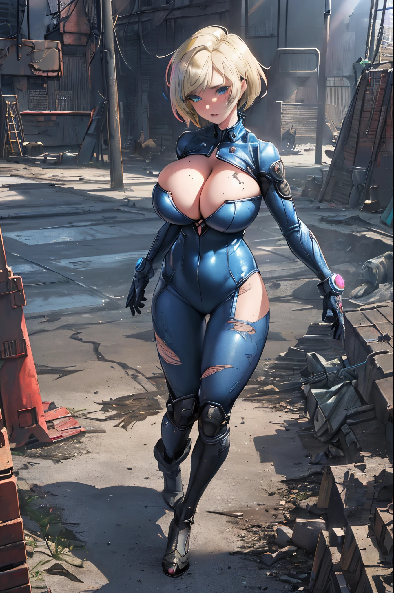 (3D anime style), (fallout videogame),  woman, (deep cleavage:1.2), (:1.3), (ripped blue vault dweller full :1.2), (torn tattered cloth fabric), boots, (mud stains on clothes), short blonde hair, thick body, (searching scrap inside of old rusty warehouse), curious face expression, (detailed face and eyes:1.3), masterpiece, best quality, videogame visuals, deep shadow, intricate, detailed, sharp, focused, colorful details, iridescent colors, intricate details, dynamic voluminous light , high resolution, enchanted qualitymasterpiece, best quality, intricate, detailed, sharp, focused, colorful details, iridescent colors, intricate details, dynamic voluminous light , high resolution, enchanted quality.