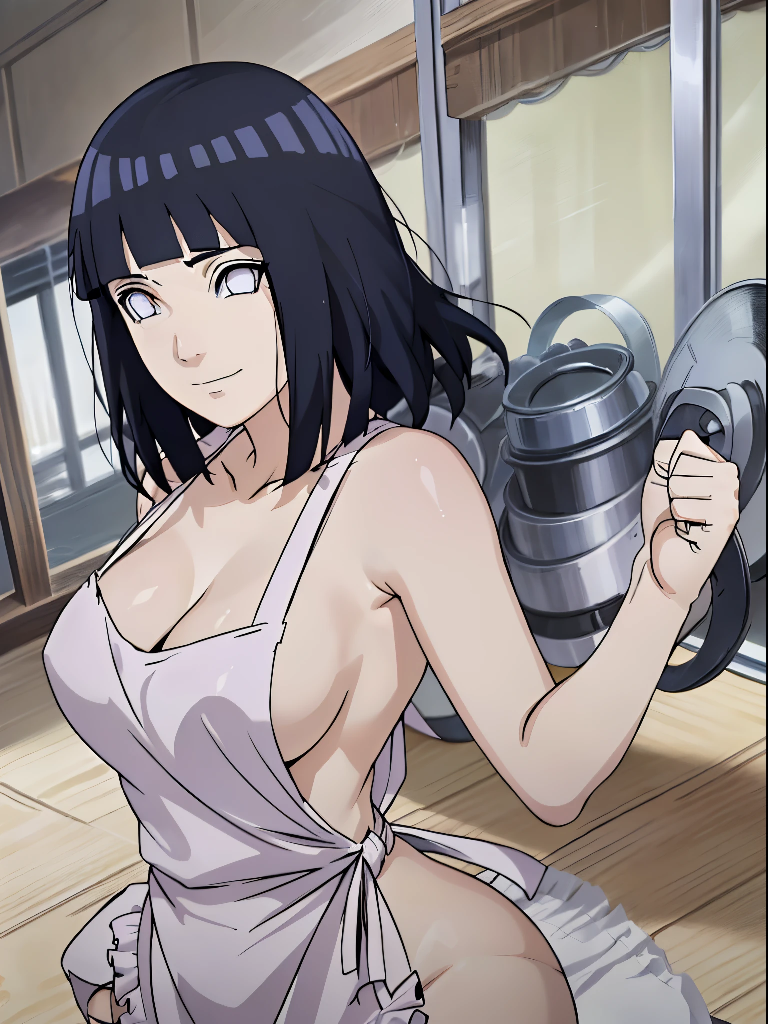 naked wearing white apron only,, ((thick arms)), , stretching , anime style, cute , beautiful , nice body, soft body, (hinata\(boruto\), (slender body), mature woman , broad shoulders, off-shoulders, (naked wearing white apron only, bare arms, bare hands), smile, closed mouth, pale skin, , smile, (dark blue hair color:1.1), wavy hair, floating hair, ((very short hair, hime cut), big breasts, (closed fists), , (perfect eyes, white sciera, bright eyes, white eyes, anime eyes)