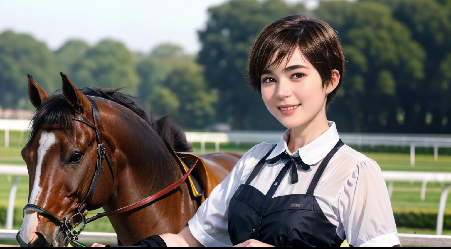 98
(a 20 yo woman,is standing), (A hyper-realistic), (high-level image quality), ((short-hair:1.46)), (Gentle smile), (Keep your mouth shut), (Riding a horse), (ride horse、Horse racing、carriage)