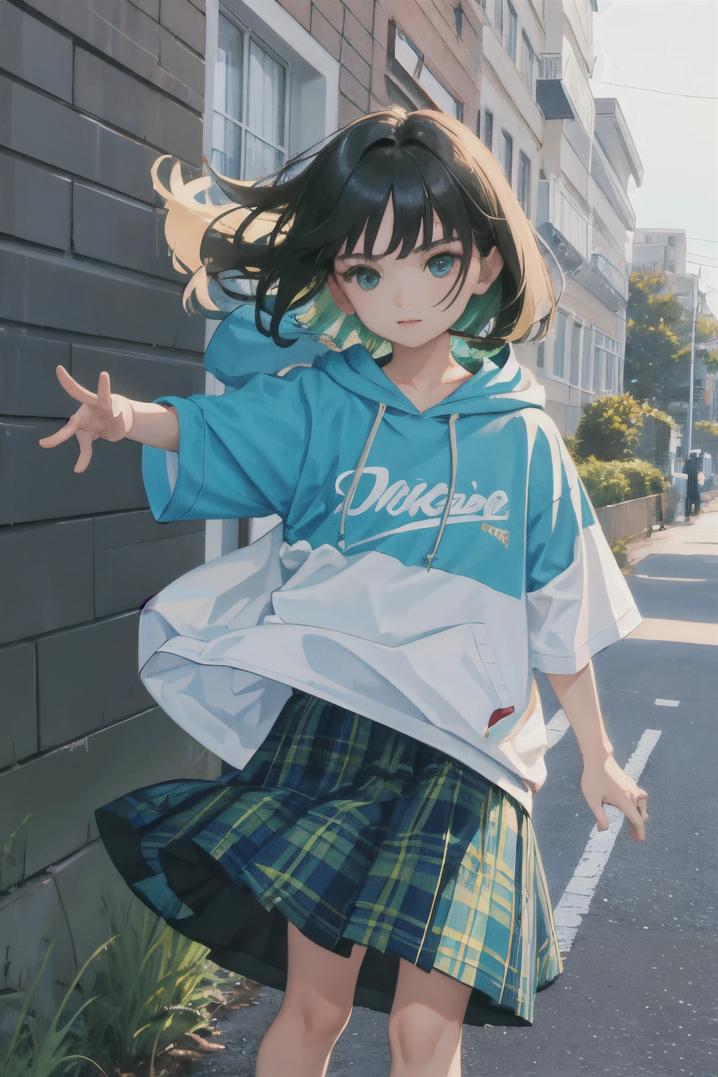Anime girl in a skirt and hoodie posing on a street - SeaArt AI