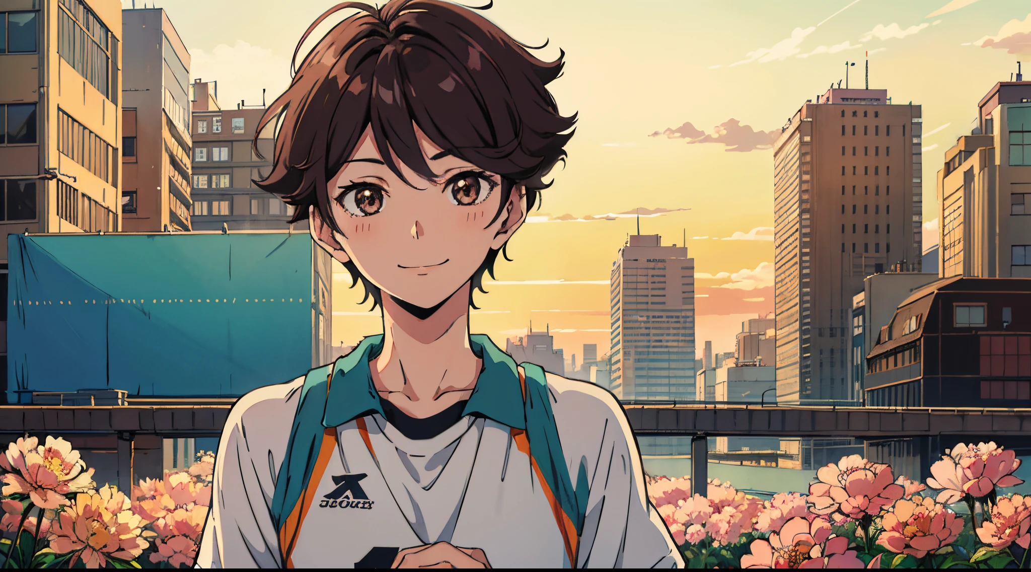 oikawa tooru, 1boy, volleyball outfit, upper body, brown hair, brown eyes, short hair, solo focus, cute, happy, blushing, smiling, masterpiece, soft shading, watercolor, best quality, absurdres, joy, happiness, cinematic lighting, high contrast, sharp focus, desktop wallpaper, scenery, flowers, happy feeling, warm feeling, light particles, looking at viewer, volleyball