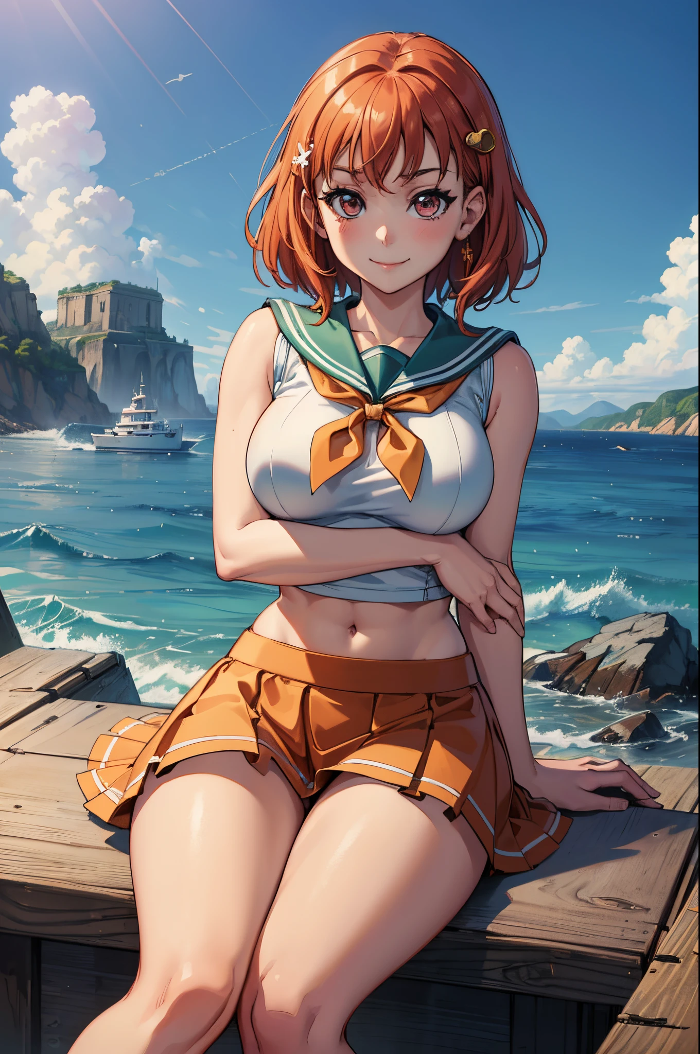 (best quality,4k,8k,highres,masterpiece:1.2), ultra-detailed, on knees, sitting,arms behind back,takami chika, sailor top, school skirt, midriff,  slightly excited and smile, sleeveless, thighs, cowboy shot, hair ornament, hands on hair,sea in background , big breasts