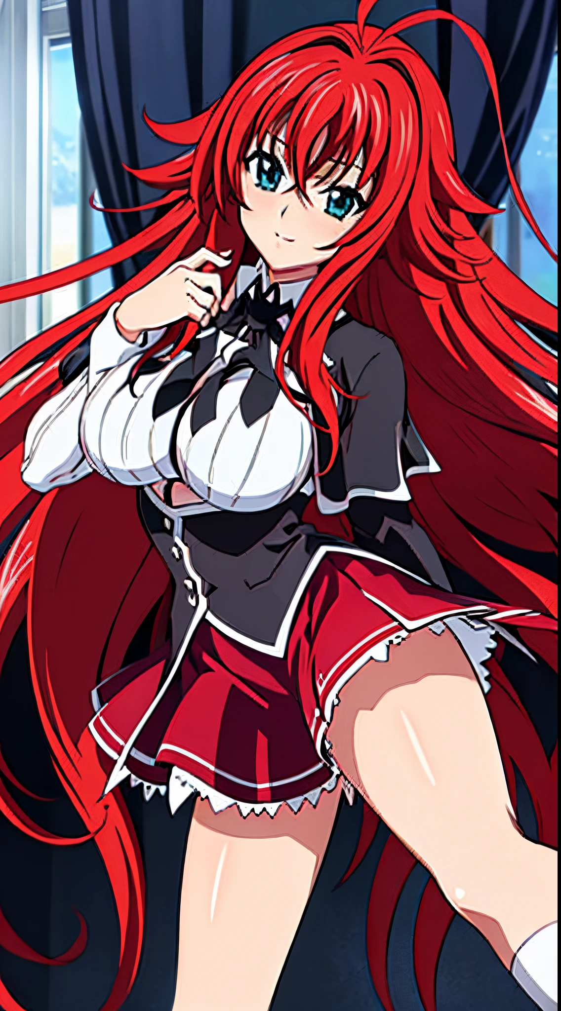 masterpiece, best quality, beatifull face, extra detailted face, beautiful, detailed hair and eyes, 
1girl, red hair, long hair, ahoge,rias gremory dxd, very long hair,  blue eyes, large breasts,
(dxd clothes:1.4), school uniform, skirt, white shirt, (white socks), black boots, red skirt,
 full body, standing, hand on breasts,
 detailed background, (school  classroom:1.3),