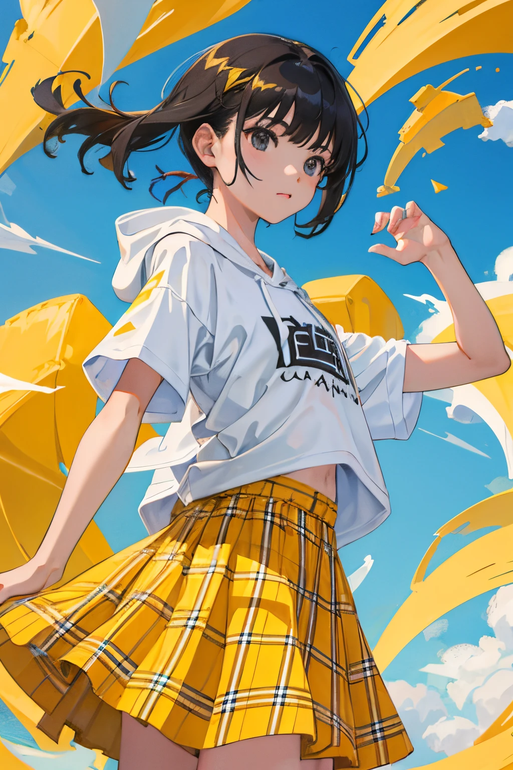 (child:1.2),(masterpiece,Highest Quality),Short sleeve hoodie,Yellow plaid skirt,A dark-haired,The wind is blowing
