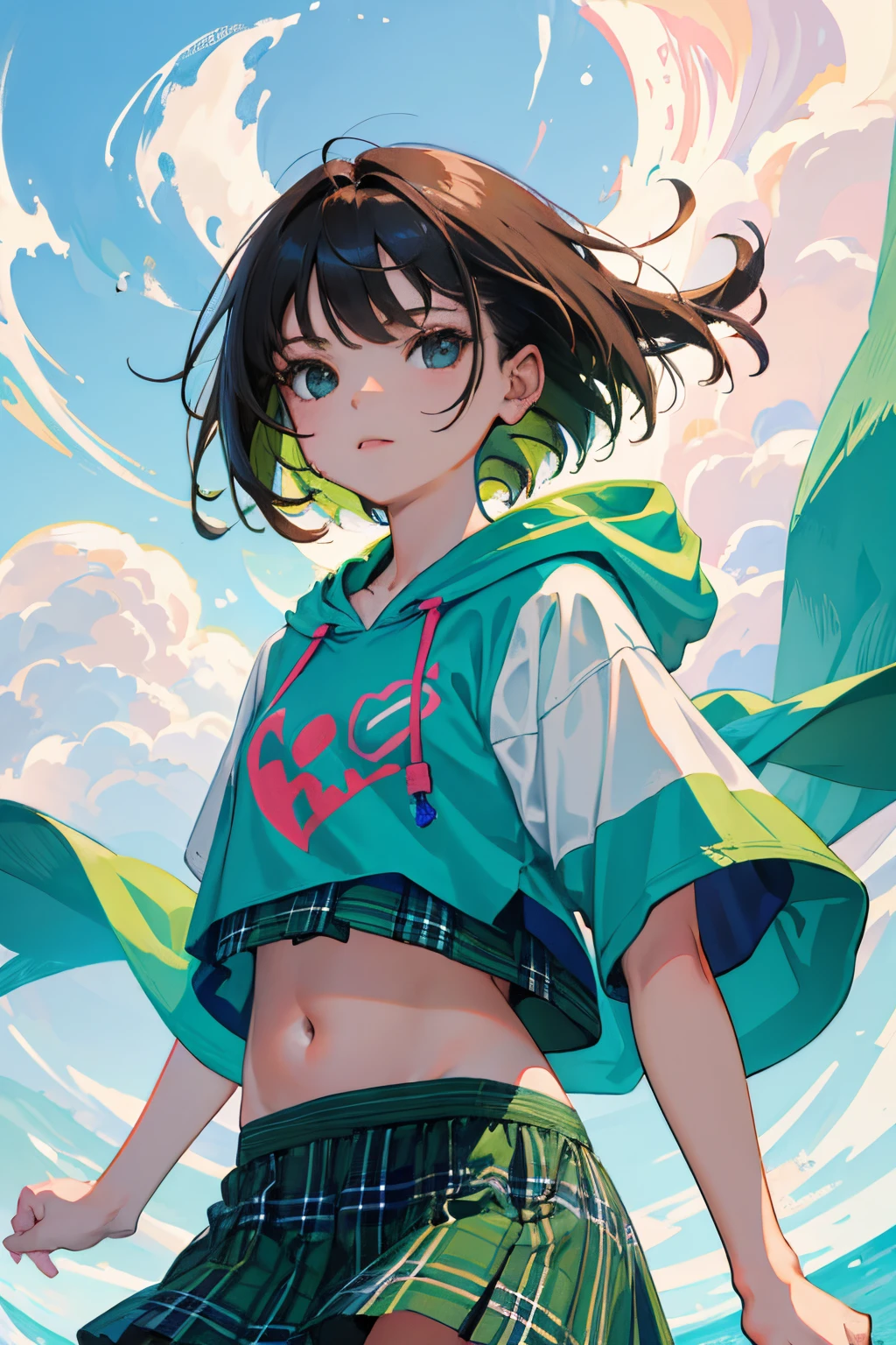 (:1.2)，（​masterpiece，Highest Quality），Short sleeve hoodie，Crop Top Look，Green plaid skirt，A dark-haired，The wind is blowing