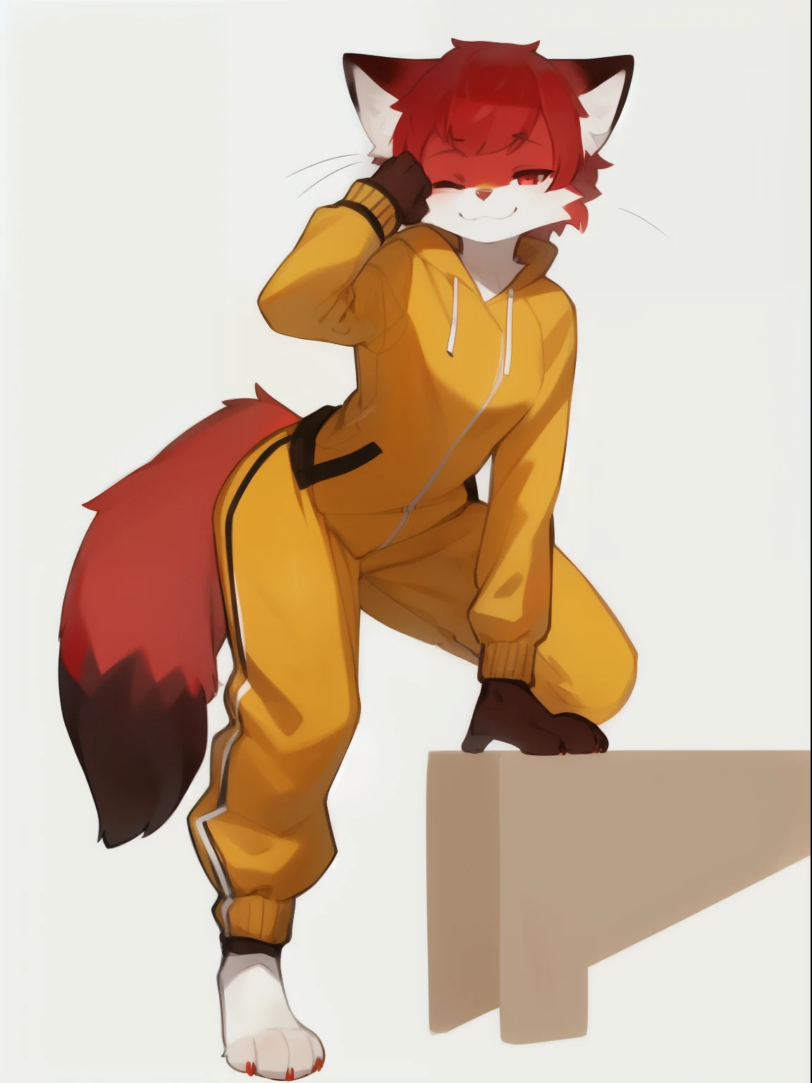 solo, female, tomboy, eyeliner, yellow tracksuit, by bebebebebe, small waist, wide hips, (cat, fox, hybrid), whiskers, looking at viewer, anthro, furry, (red fur | white fur | dark red fur), red body, white snout, white underbelly, red ears, white inner ears, dark red paws, red hair, bangs, white inner ear fluff, fluffy tail, red eyes, white sclera, smug, (winking, one eye closed), dark red hands, detailed, masterpiece, (dark red dipstick tail)