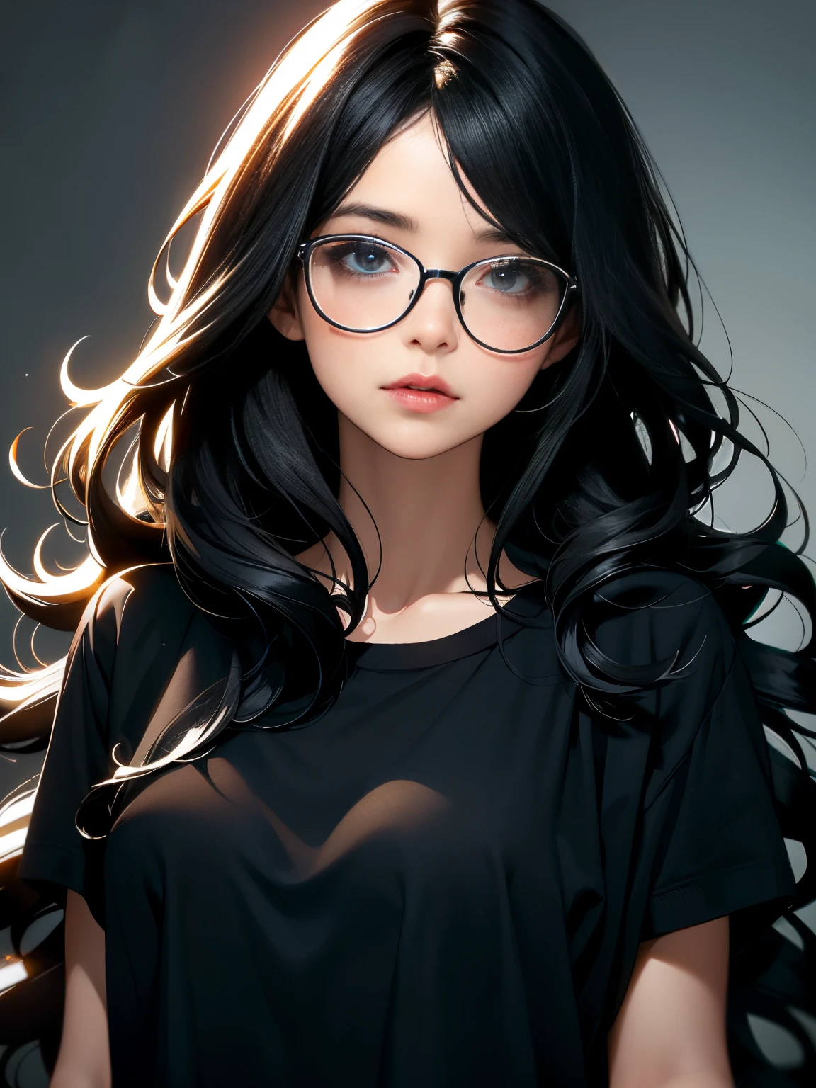 (masterpiece), best quality, expressive eyes, perfect face, FRONT VIEW , front view photo, a woman with glasses, no bangs; NO BANGS ,long black wavy hair and glasses, wavy hair spread, wavy long - length black hair, with long hair, wavy hair combed to one side, black wavy hair, long black hair blown by the wind, long black wavy hair, black wavy hair , lush and unkempt black hair, with straight black hair, light blue T-shirt , reading