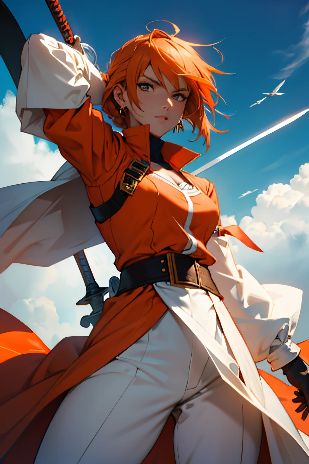 duelist girl, white and orange outfit, sword woman, rapier, long coat