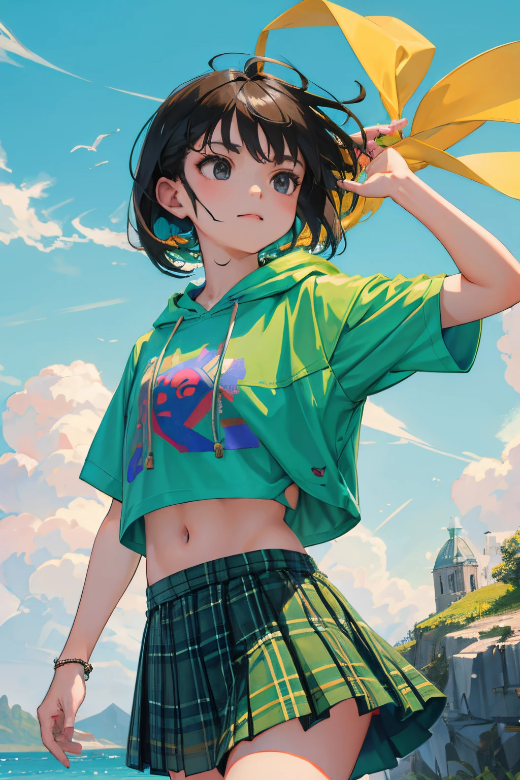 (child:1.2)，（​masterpiece，Highest Quality），Short sleeve hoodie，Crop Top Look，Green plaid skirt，A dark-haired，The wind is blowing