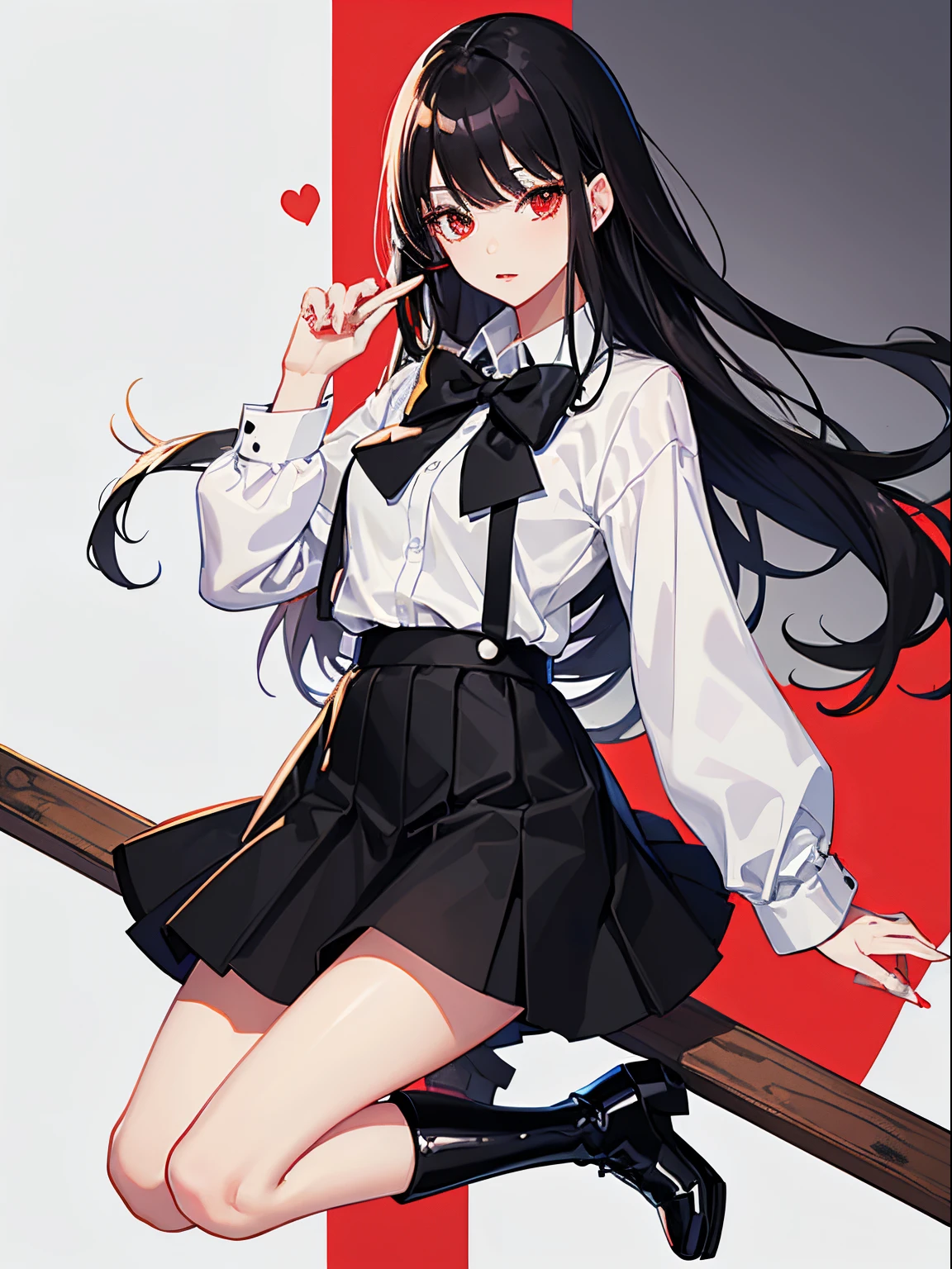 1woman, solo, full body, bishoujo, ojousama, white button up shirt, black boots, long black skirt, black bowtie, masterpiece, best quality, looking at viewer, long black hair, hime style bangs, red eyes color, slender, high resolution, sharp focus