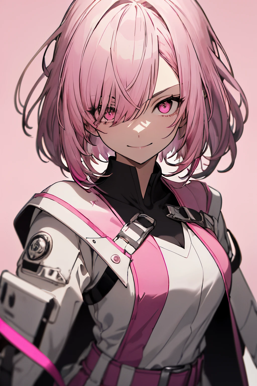 Full body, White one-piece uniform,(masutepiece:1.2, Best Quality), (finely detailed beautiful eye: 1.2), (beautifull detailed face), High contrast, (Best Illumination, extremely delicate and beautiful), ((Cinematic Light)), Dramatic light, Intricate details,red eyes, large full breasts, Belt under the chest, White sailor suit, White skirt,pale gray hair, (Solid pink background:1.7), Short-cut hair, accurate hands, Look at me and smile, Dynamic Posing
