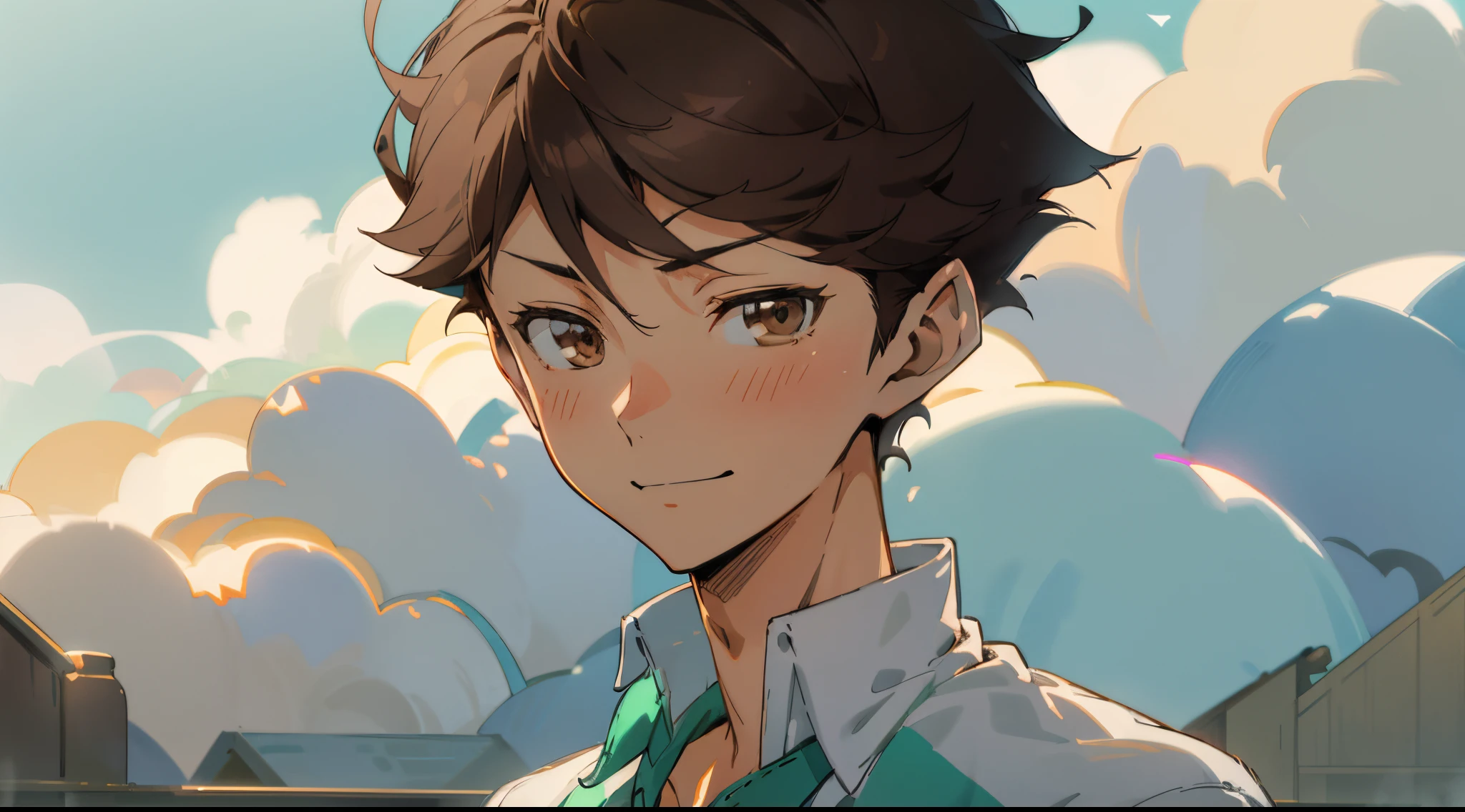 oikawa tooru, 1man, handsome, volleyball outfit, upper body, brown hair, brown eyes, short hair, solo focus, cute, happy, blushing, smiling, masterpiece, soft shading, watercolor, best quality, absurdres, joy, happiness, cinematic lighting, high contrast, sharp focus, desktop wallpaper, scenery, flowers, happy feeling, warm feeling, light particles, looking at viewer, volleyball