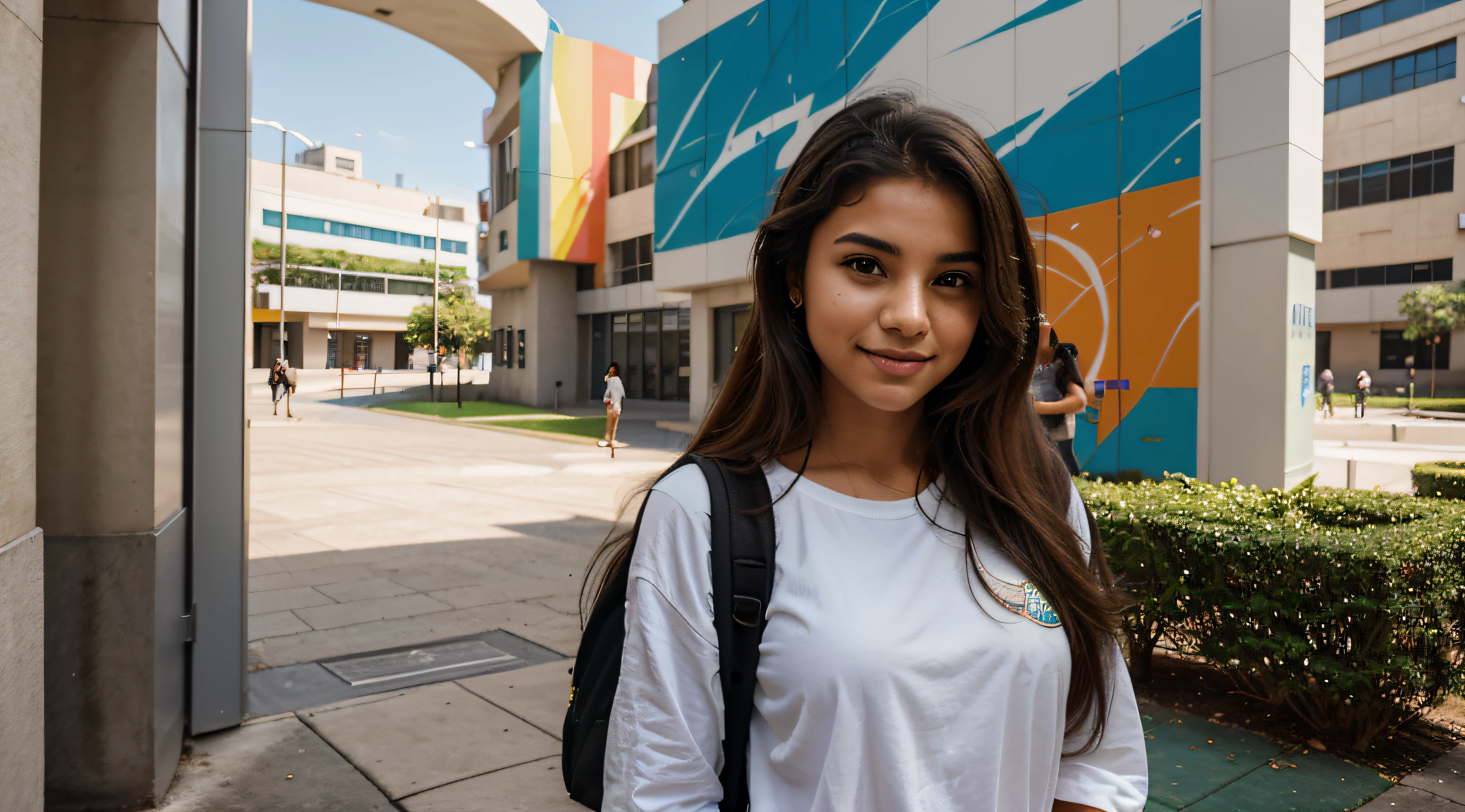 Realism, best quality, high quality, high details A 20-year-old Brazilian student ambles through the bustling university campus. Dressed in lively attire, her carefree hair dances with the breeze. The details on her face showcase a mix of curiosity and focus. In the backdrop, murals of abstract and futuristic urban art contribute to the modern and inspiring ambiance. Engaged in conversations, she exudes a vibrant presence, navigating an academic environment that seamlessly fuses art, innovation, and learning.