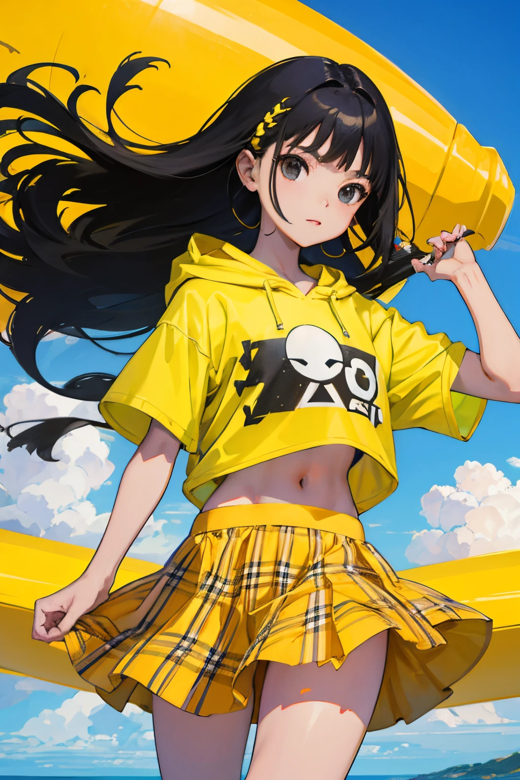 (child:1.2),(masterpiece,Highest Quality),Crop Top Look,Short sleeve hoodie,Yellow plaid skirt,A dark-haired,The wind is blowing