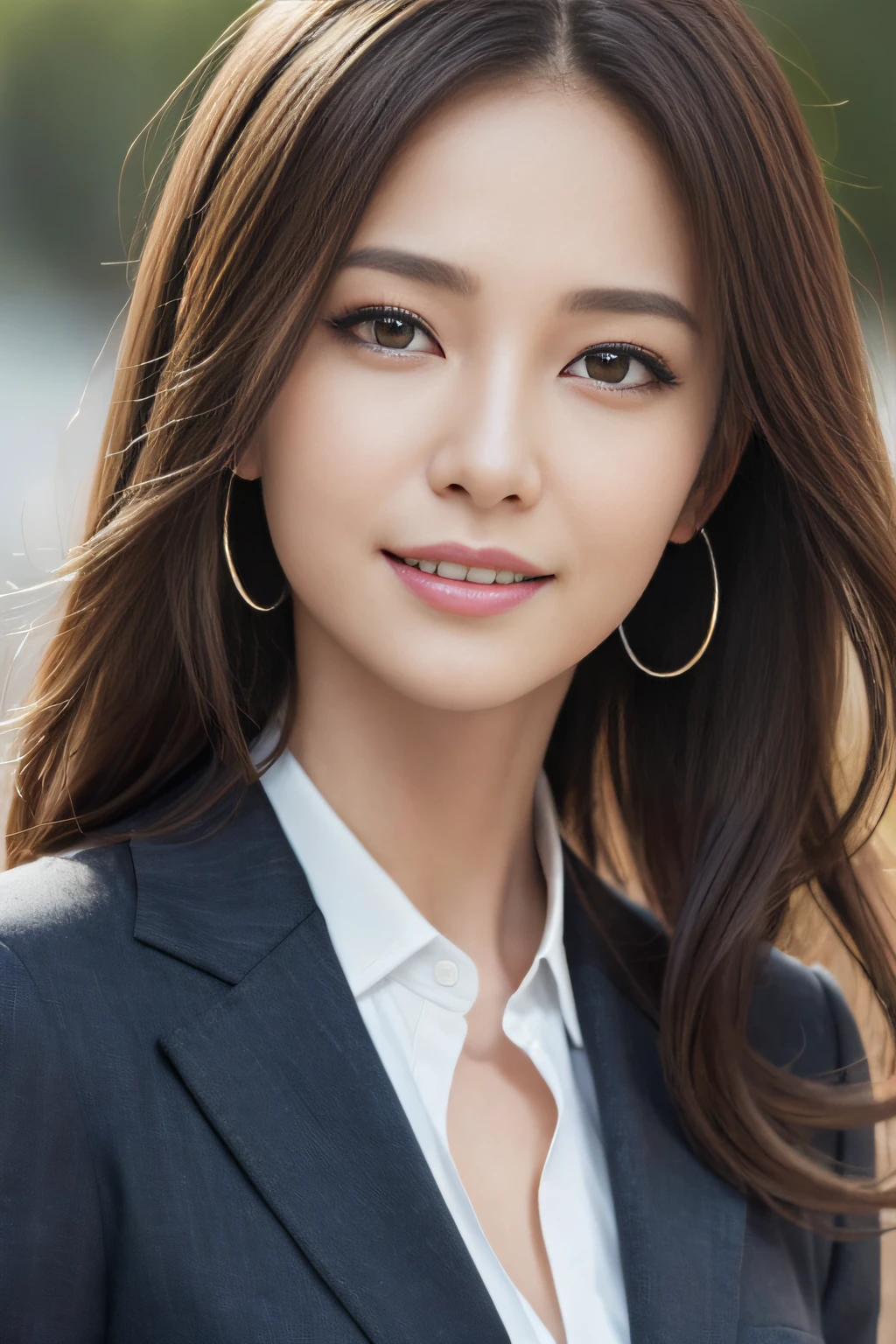 masutepiece, Best Quality, Photorealistic, Ultra-detailed, finely detail, High resolution, 8K Wallpaper, 1 beautiful woman,, light brown messy hair, in a business suit, foco nítido, Perfect dynamic composition, Beautiful detailed eyes, detailed hairs, Detailed realistic skin texture, Smiling, Close-up portrait, Model body type