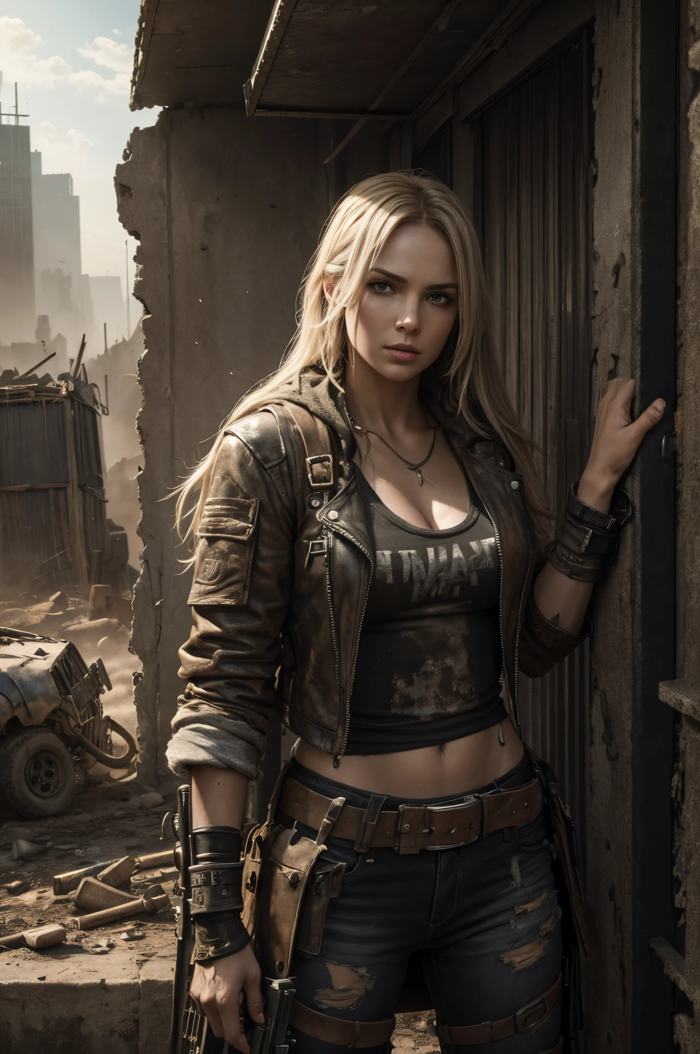 female warrior in battle stance, realistic skin and hair textures, dynamic and exaggerated background, vibrant color palette, realistic lighting and shadows, complex outfit with intricate details, glowing particles and sparks, immersive and dramatic scene beige hair, yellow eyes, low twintails, dirty undershirt, collared open jacket, belt, cargo pants, large breasts, long bangs, covered eyes, amulet, arm tattoo, shoulder holster, sweat, shiny skin. (maximum ultra high definition image quality and rendering:3), maximum image detail, maximum realistic render, (((ultra realist style))), realist side lighting, , 8K high definition, realist soft lighting, (amazing special effect:3.5) mythp0rt