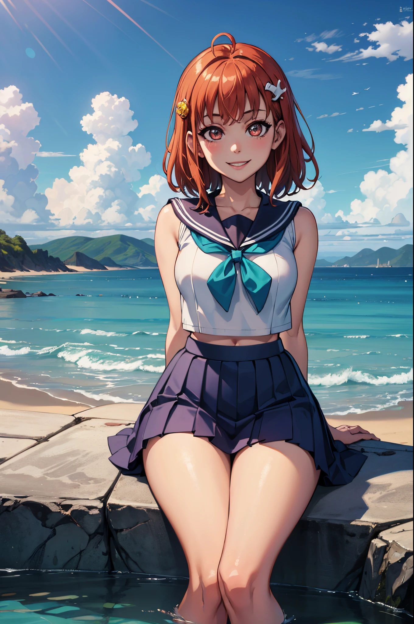 (best quality,4k,8k,highres,masterpiece:1.2), ultra-detailed, on knees, sitting,arms behind back,takami chika, sailor top, school skirt, midriff,  slightly excited and smile, sleeveless, thighs, cowboy shot, hair ornament, random pose,sea in background