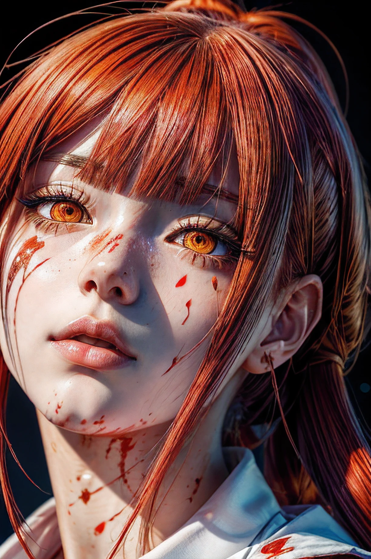 masterpiece, best quality, (extremely detailed CG unity 8k wallpaper, masterpiece, best quality, ultra-detailed, best shadow), (detailed background), (beautiful detailed face, beautiful detailed eyes), High contrast, (best illumination, an extremely delicate and beautiful),1girl,((colourful paint splashes on transparent background, dulux,)), ((caustic)), dynamic angle,beautiful detailed glow,full body, blood splash on face. close up of a woman, anime girl with red hair and a white shirt and tie, a character portrait by Yang J, pixiv, shin hanga, portrait of an anime girl, female anime character, portrait anime girl, portrait of asuka langley soryu, beautiful anime portrait, detailed portrait of anime girl, anime character, realistic anime artstyle, anime girl portrait, anime character portrait, blood on face, sweat face, blood shed
