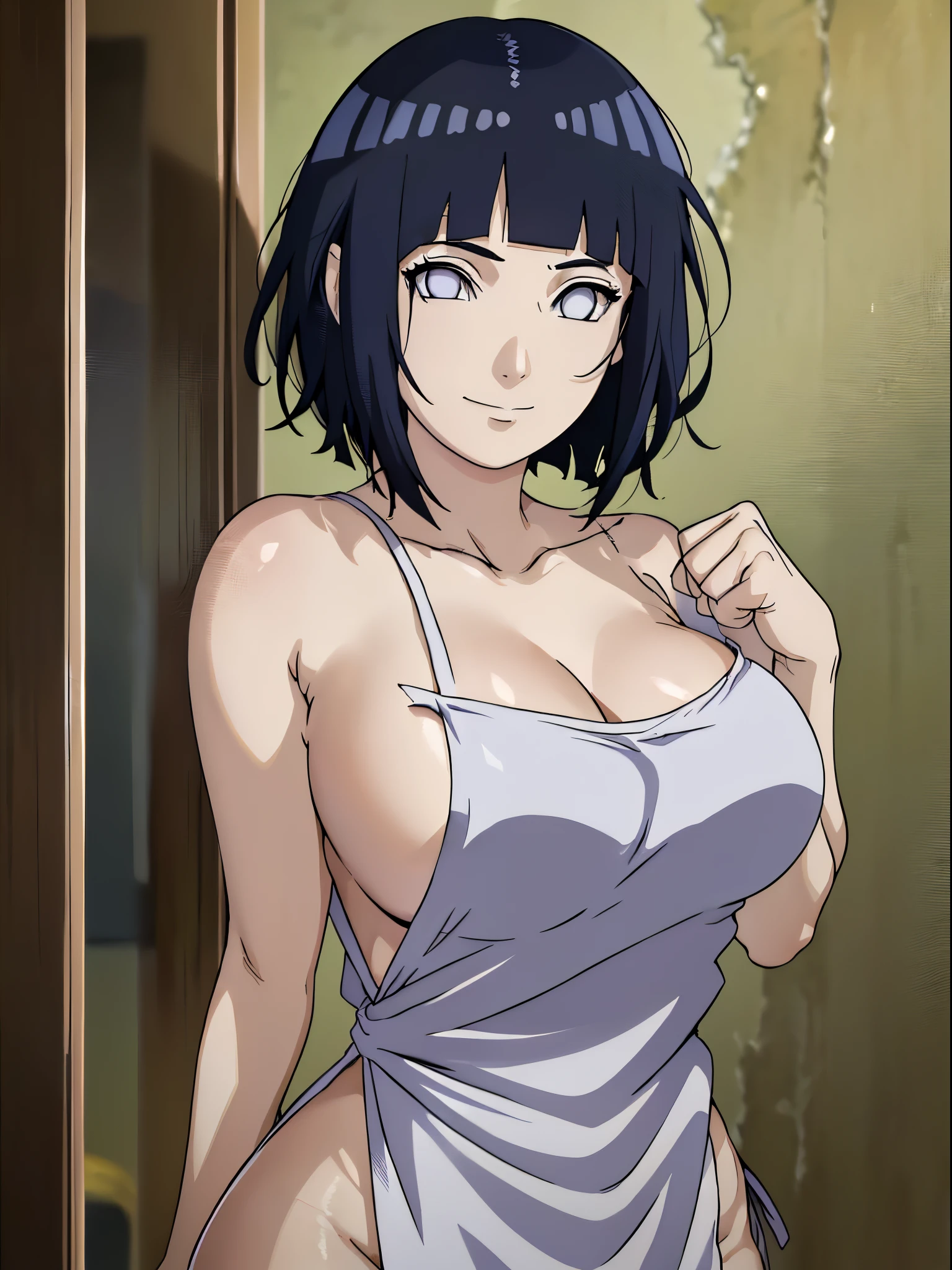 naked wearing white  apron only,, ((thick arms)), , stretching , anime style, cute , beautiful , nice body, soft body, (hinata\(boruto\),  (slender body), mature woman , broad shoulders, off-shoulders, (naked wearing white  apron only,  bare arms, bare hands), smile, closed mouth, pale skin, , smile, (dark blue hair color:1.1), wavy hair, floating hair, ((very short hair, hime cut), big breasts, (closed fists), , (perfect eyes, white sciera, bright eyes, white eyes, anime eyes)