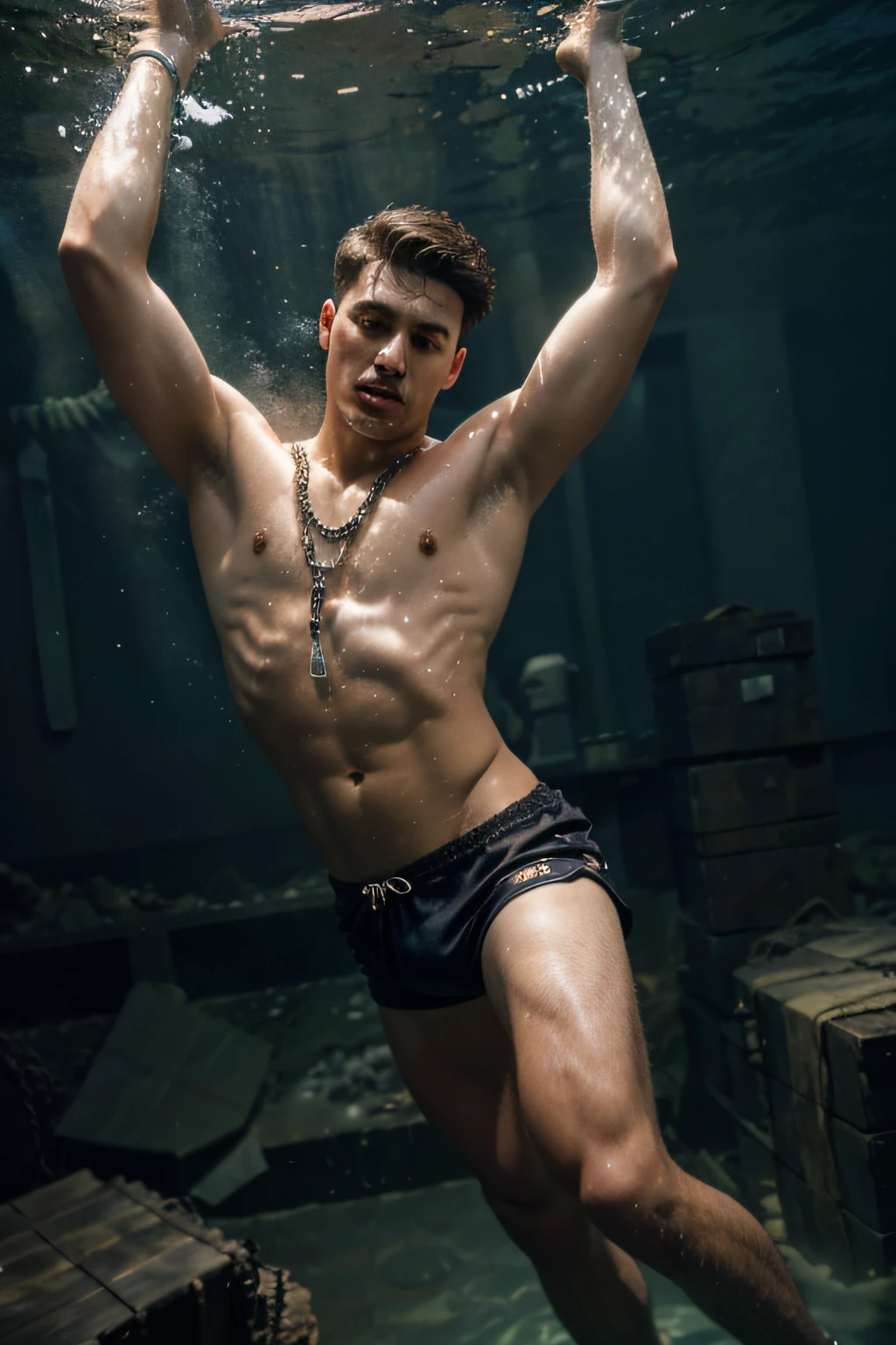 A young man in silk shorts screams as he sinks underwater wrapped in heavy chains