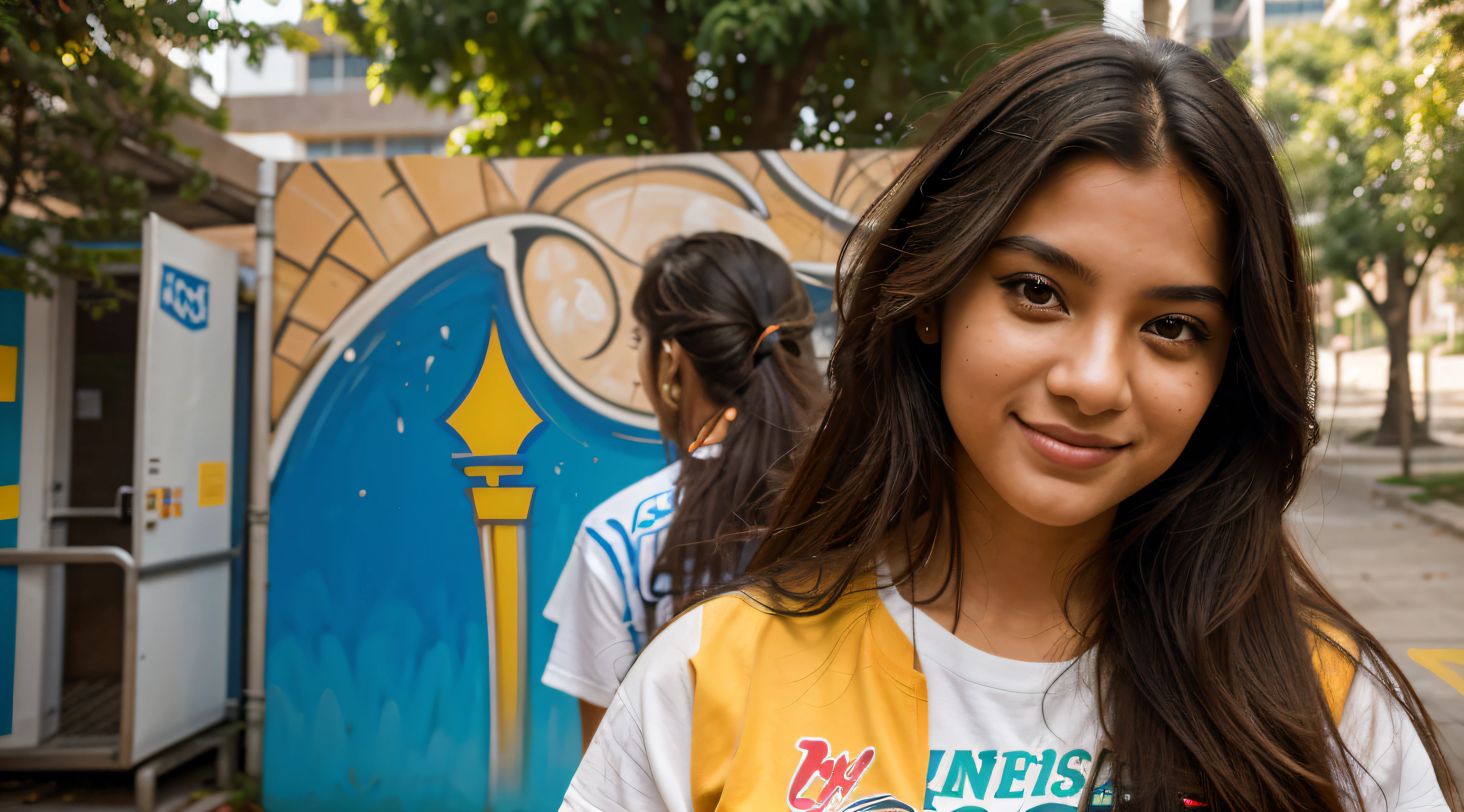Realism, best quality, high quality, high details A 20-year-old Brazilian student ambles through the bustling university campus. Dressed in lively attire, her carefree hair dances with the breeze. The details on her face showcase a mix of curiosity and focus. In the backdrop, murals of abstract and futuristic urban art contribute to the modern and inspiring ambiance. Engaged in conversations, she exudes a vibrant presence, navigating an academic environment that seamlessly fuses art, innovation, and learning.