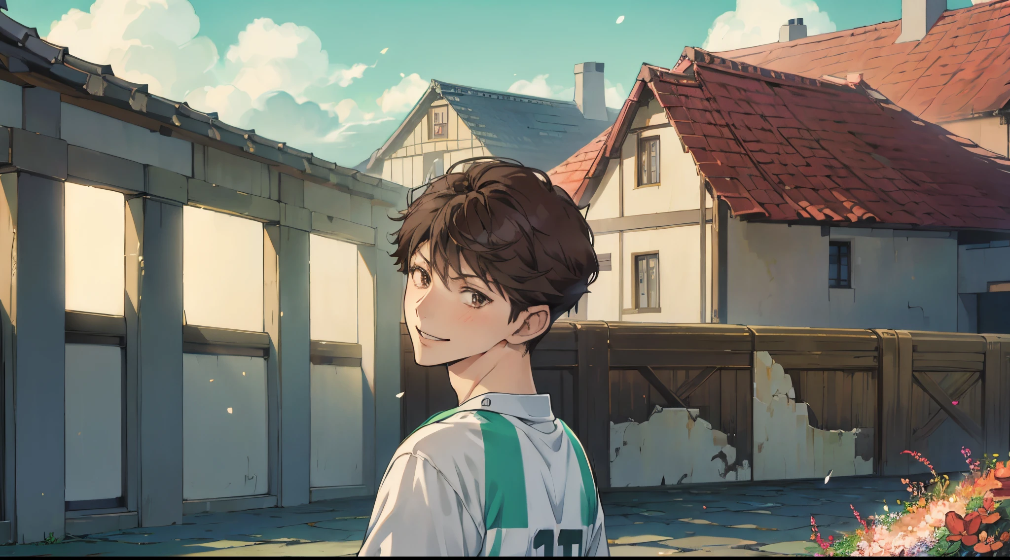 oikawa tooru, 1man, handsome, volleyball outfit, upper body, brown hair, brown eyes, short hair, solo focus, cute, happy, blushing, smiling, masterpiece, soft shading, watercolor, best quality, absurdres, joy, happiness, cinematic lighting, high contrast, sharp focus, desktop wallpaper, scenery, flowers, happy feeling, warm feeling, light particles, looking at viewer, volleyball