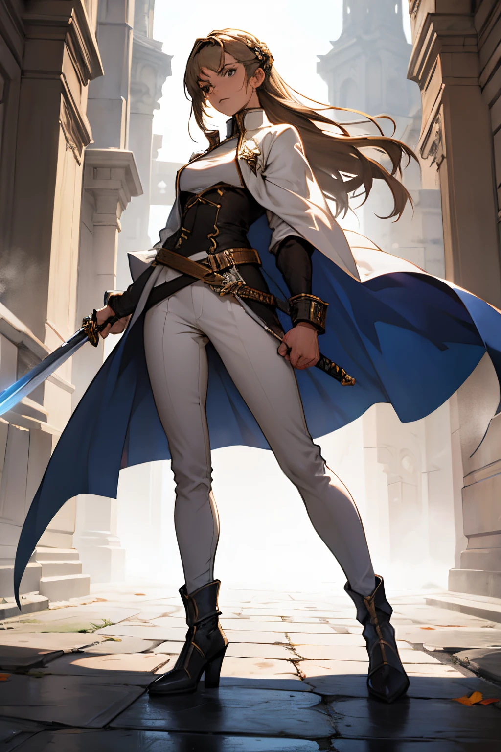 duelist girl, white and light brown outfit,, sword woman, rapier, long coat, full body