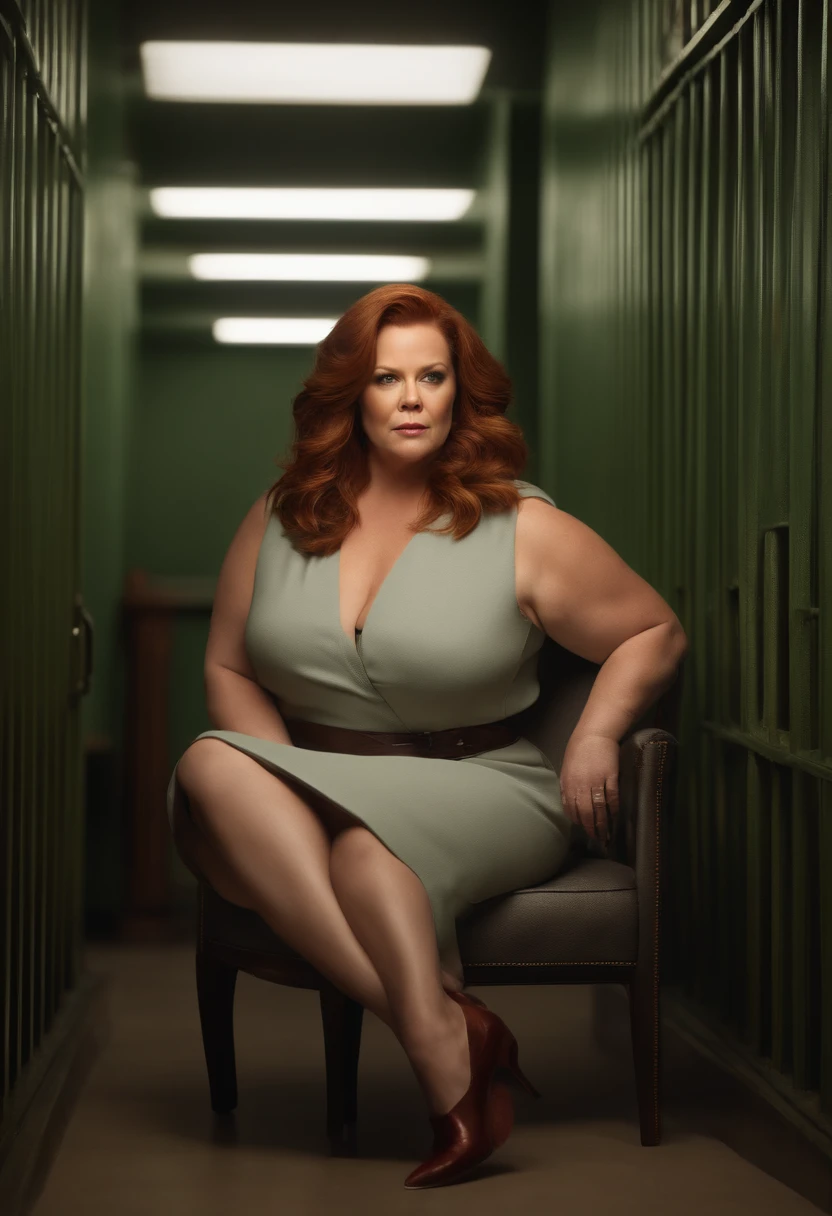 Melissa McCarthy. redheaded publicity photo for art magazine. woman aged approximately 30 years old, discreetly fat (body mass index equal to 40). sitting on an elegant chair. Shoulder length hair. Wearing elegant clothes. inside a stylish modern apartment, well lit by daylight and stylish. full body photo. high heel shoes. Business woman. 8k, RAW photo, best quality, masterpiece, realistic, photorealistic. waist-length shot, maximum definition, hyper realistic, high lights and shadows, 8k HD skin texture, hyper detailed, realistic skin texture, high resolution. Foto RAW, uma foto retrato de Chavesdooito, 55 anos, prison clothes, in a prison, (pele altamente detalhada: 1.2), 8k uhd, dslr, soft-lighting, alta qualidade, ultrarrealista, grain of film, Fujifilm XT3 INFO