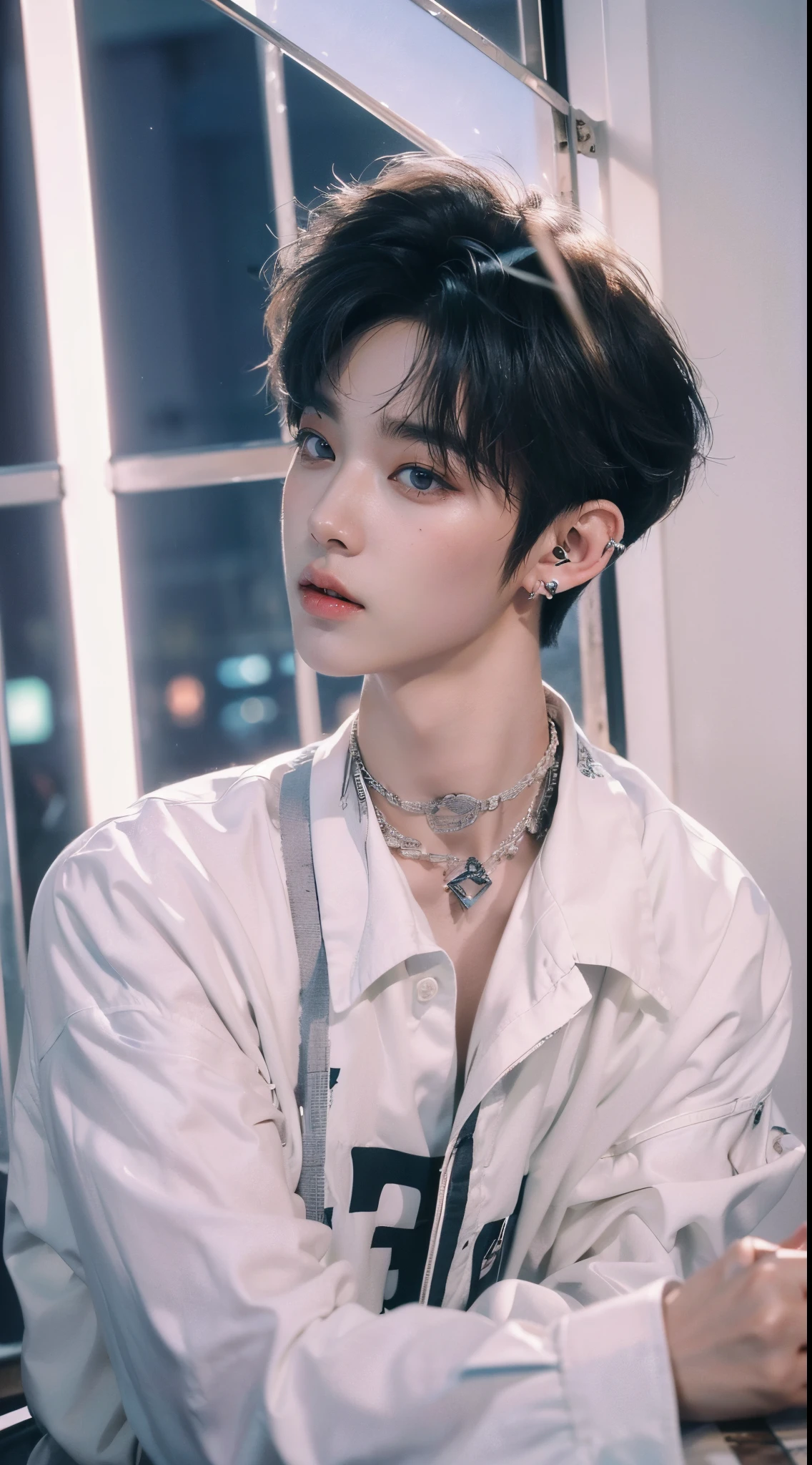 ((4K works))、masterpiece、(top-quality)、((high-level image quality))、((One Manly Boy))、Slim body、((Attractive and sexy jeans fashion))、((Men's Fashion))、(Detailed beautiful eyes)、In a soundproof room、Record a song、Face similar to Chaewon in Ruseraphim、((short hair above the ears))、((Smaller face))、((Neutral face))、((White hair))、((Brown eyes))、((Korean boy))、((18year old))、((Handsome man))、((sings))、((Korean Makeup))、((elongated and sharp eyes))、((Like a celebrity))、Everyday photography、((Shot alone))、((Shot diagonally from the side))、((Upper body photography))、((He stands in front of the microphone stand))