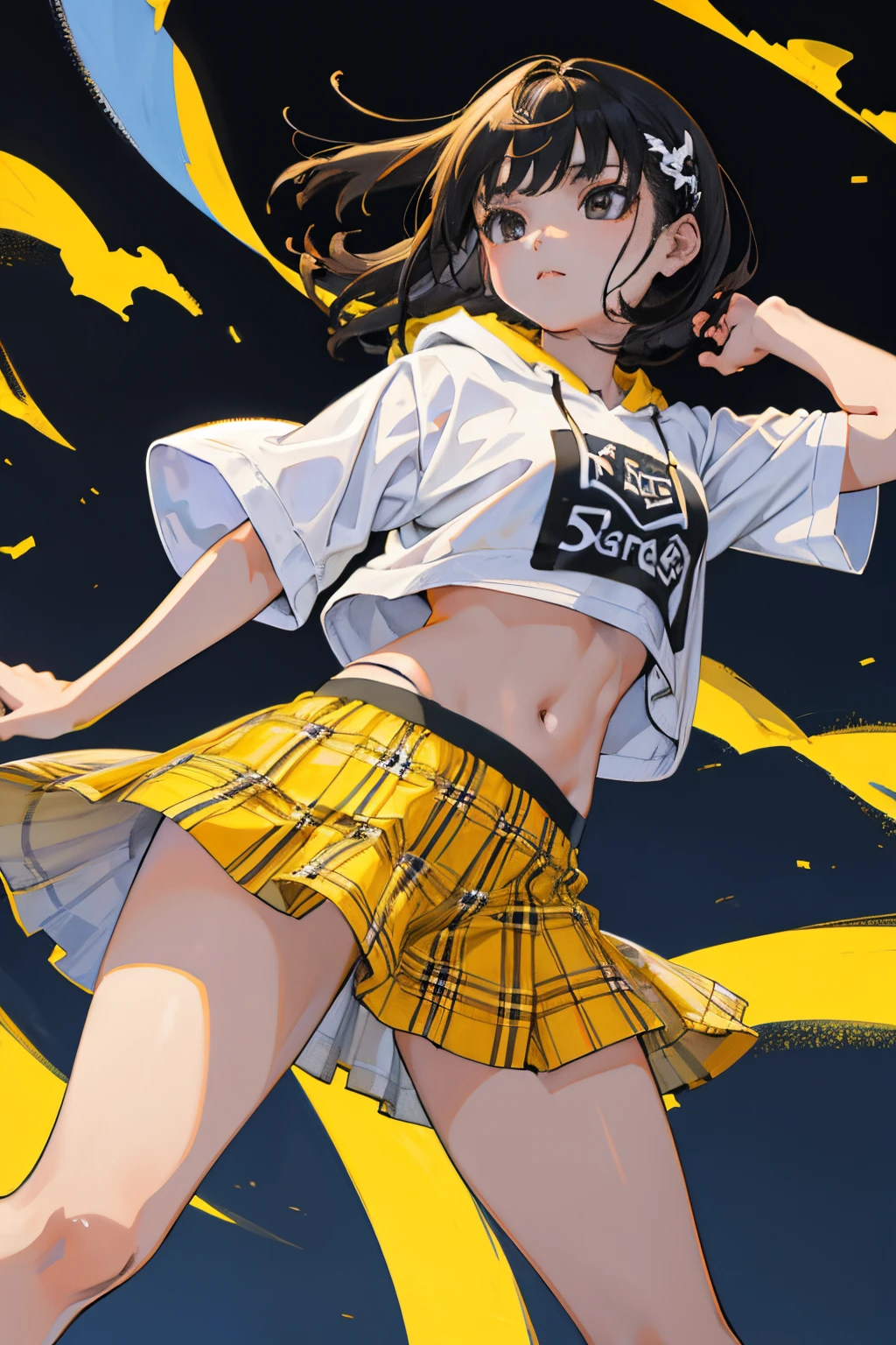 (child:1.2),(masterpiece,Highest Quality),Crop Top Look,Short sleeve hoodie,Yellow plaid skirt,A dark-haired,The wind is blowing