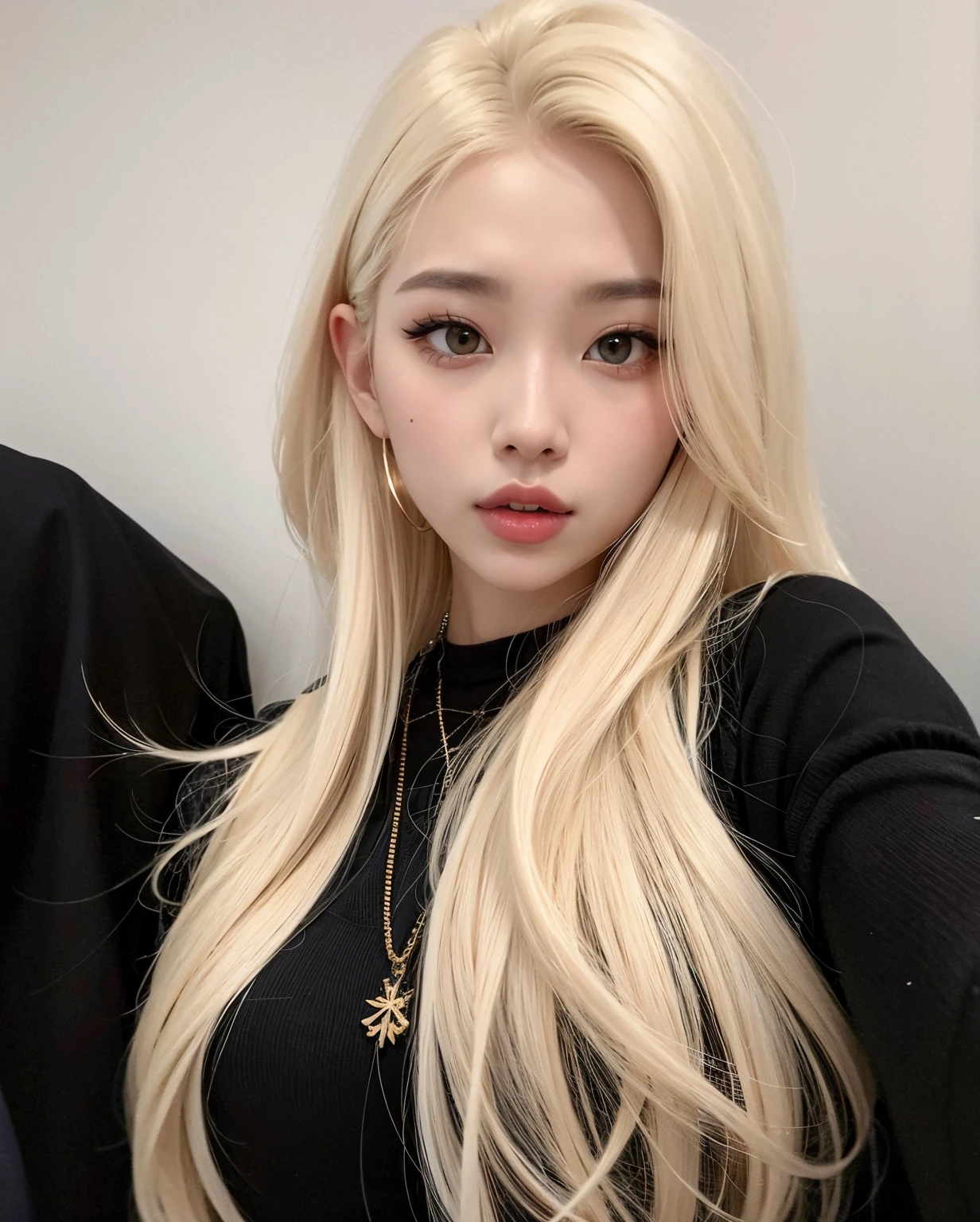 um Close up de uma mulher com longos cabelos loiros e um colar, ava max, very very pale blond hair, extremely pale blond hair, TaeJune Kim, Jinyoung Canela, maquiagem sul-coreana popular, Sakimichan, Heonhwa Choe, Ulzzang, longos cabelos loiros e olhos grandes, cruel korean goth girl, Cl, coreana