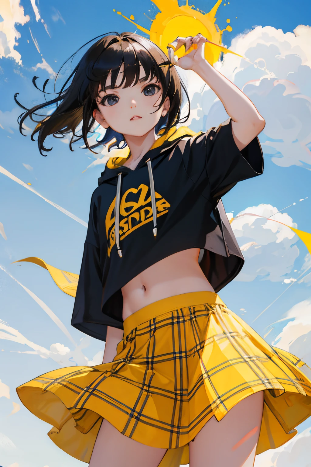 (:1.2)，（​masterpiece，Highest Quality），Crop Top Look，Short sleeve hoodie，Yellow plaid skirt，A dark-haired，The wind is blowing