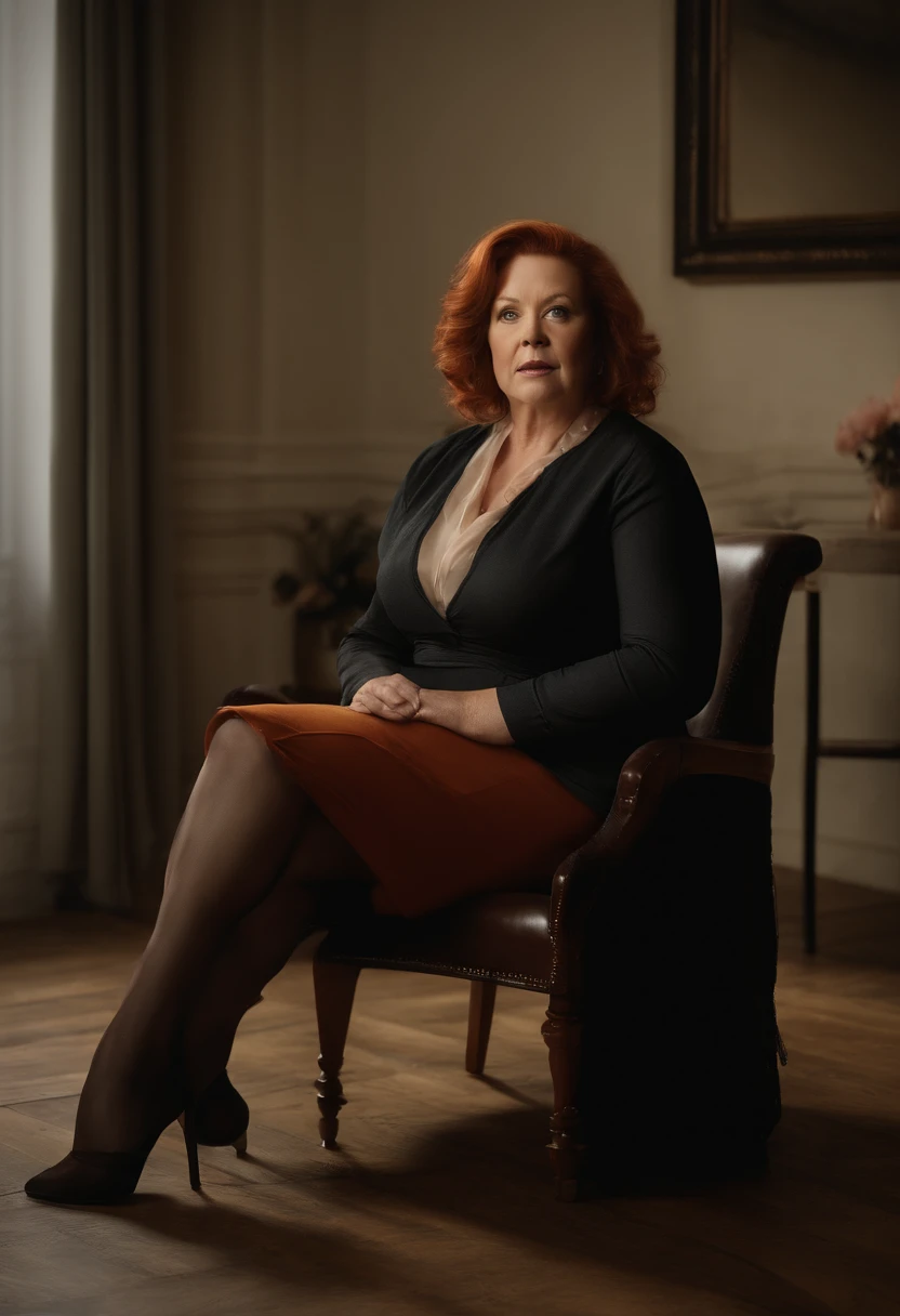 Melissa McCarthy. redheaded publicity photo for art magazine. woman aged approximately 30 years old, discreetly fat (body mass index equal to 40). sitting on an elegant chair. Shoulder length hair. Wearing elegant clothes. inside a stylish modern apartment, well lit by daylight and stylish. full body photo. high heel shoes. Business woman. 8k, RAW photo, best quality, masterpiece, realistic, photorealistic. waist-length shot, maximum definition, hyper realistic, high lights and shadows, 8k HD skin texture, hyper detailed, realistic skin texture, high resolution. Foto RAW, uma foto retrato de Chavesdooito, 55 anos, prison clothes, in a prison, (pele altamente detalhada: 1.2), 8k uhd, dslr, soft-lighting, alta qualidade, ultrarrealista, grain of film, Fujifilm XT3 INFO