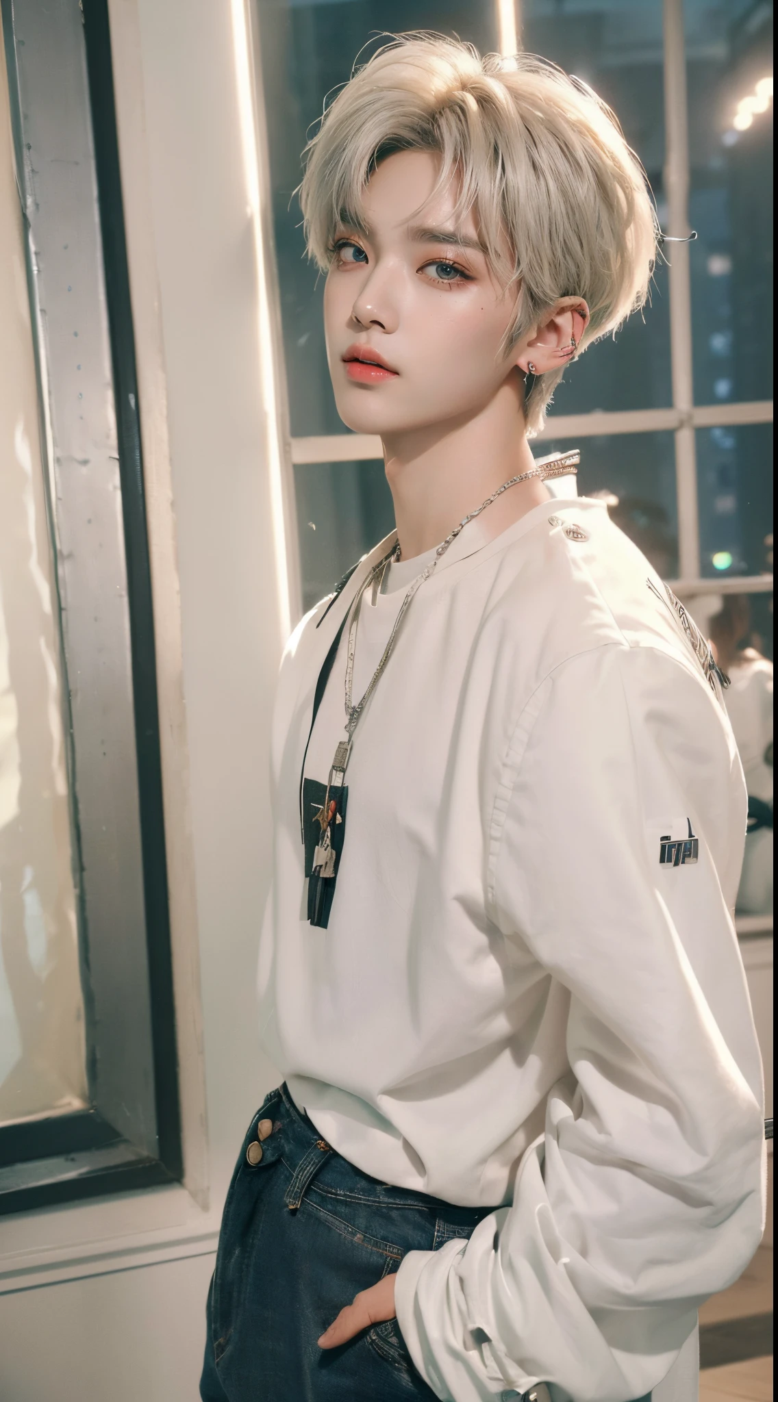 ((4K works))、​masterpiece、（top-quality)、((high-level image quality))、((One Manly Boy))、Slim body、((Attractive and sexy jeans fashion))、((Men's Fashion))、(Detailed beautiful eyes)、In a soundproof room、Record a song、Face similar to Chaewon in Ruseraphim、((short hair above the ears))、((Smaller face))、((Neutral face))、((White hair))、((Brown eyes))、((Korean boy))、((18year old))、((Handsome man))、((sings))、((Korean Makeup))、((elongated and sharp eyes))、((Like a celebrity))、Everyday photography、((Shot alone))、((Shot diagonally from the side))、((Upper body photography))、((He stands in front of the microphone stand))