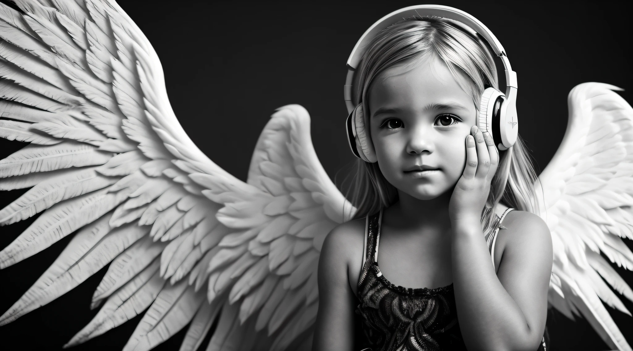 uma foto em black and white de uma CHILD blonde  with headphones, ANGEL'S WINGS OF FIRE , with hands on face.