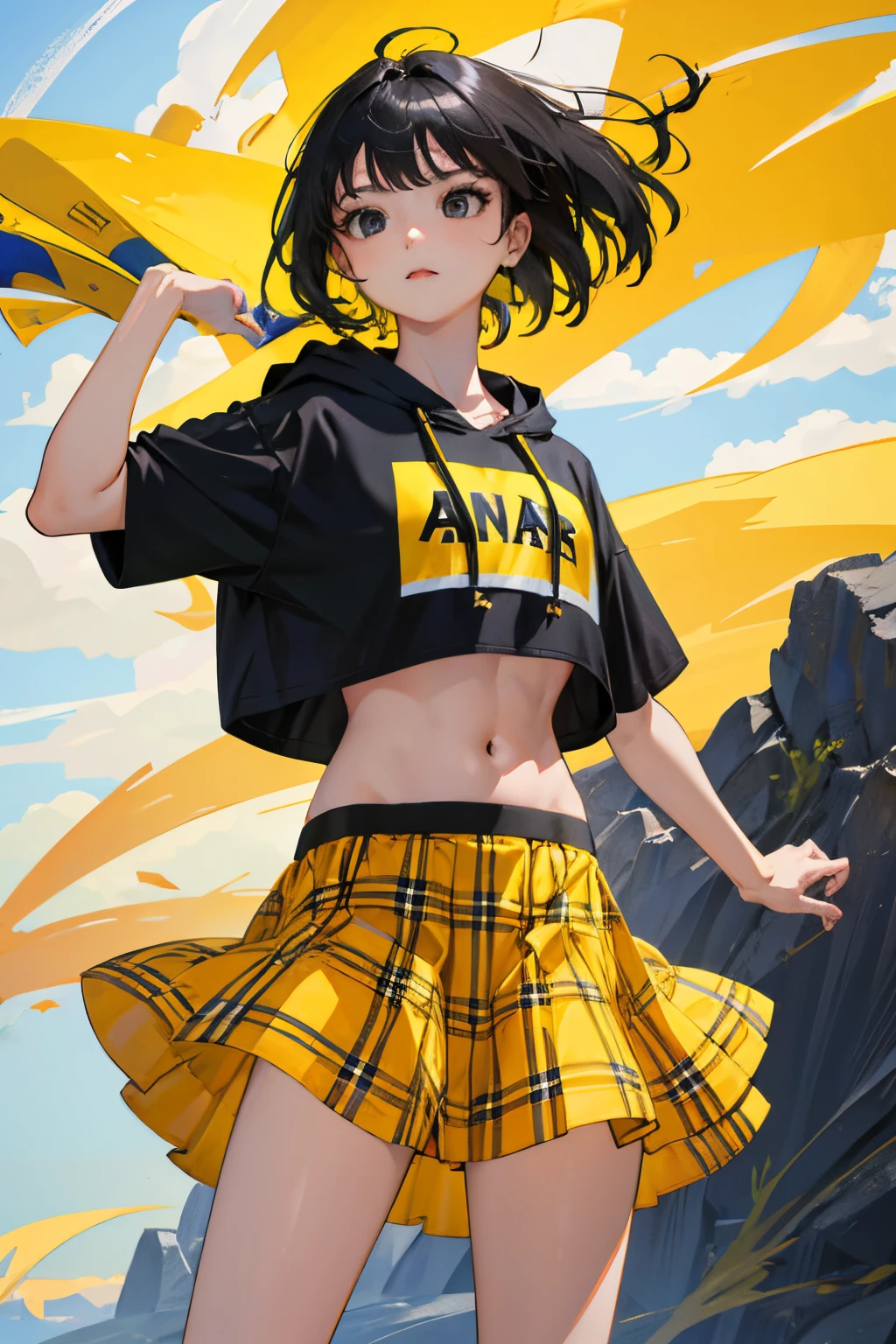 (:1.2),(masterpiece,Highest Quality),Crop Top Look,Short sleeve hoodie,Yellow plaid skirt,A dark-haired,The wind is blowing
