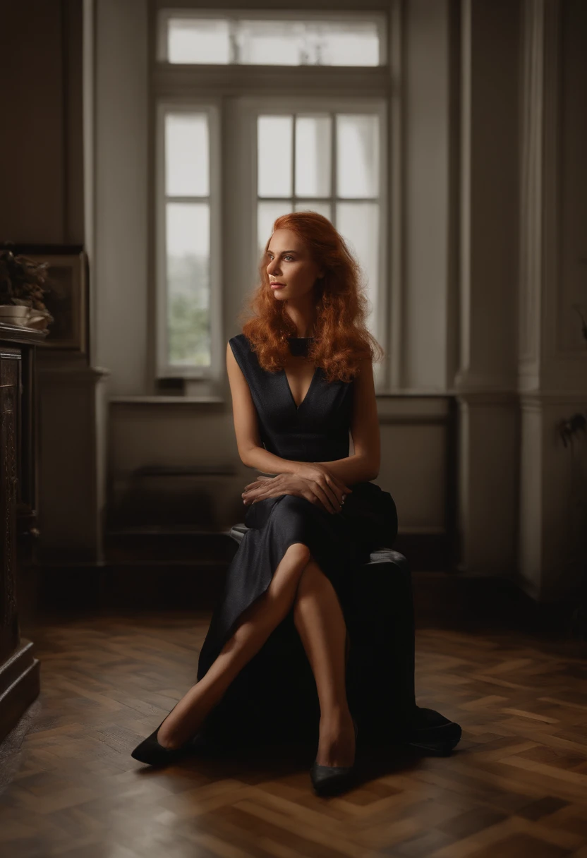 redheaded publicity photo for art magazine. woman aged approximately 30 years old, discreetly fat (body mass index equal to 40). sitting on an elegant chair. Shoulder length hair. Wearing elegant clothes. inside a stylish modern apartment, well lit by daylight and stylish. full body photo. high heel shoes. Business woman. 8k, RAW photo, best quality, masterpiece, realistic, photorealistic. waist-length shot, maximum definition, hyper realistic, high lights and shadows, 8k HD skin texture, hyper detailed, realistic skin texture, high resolution. Foto RAW, uma foto retrato de Chavesdooito, 55 anos, prison clothes, in a prison, (pele altamente detalhada: 1.2), 8k uhd, dslr, soft-lighting, alta qualidade, ultrarrealista, grain of film, Fujifilm XT3 INFO