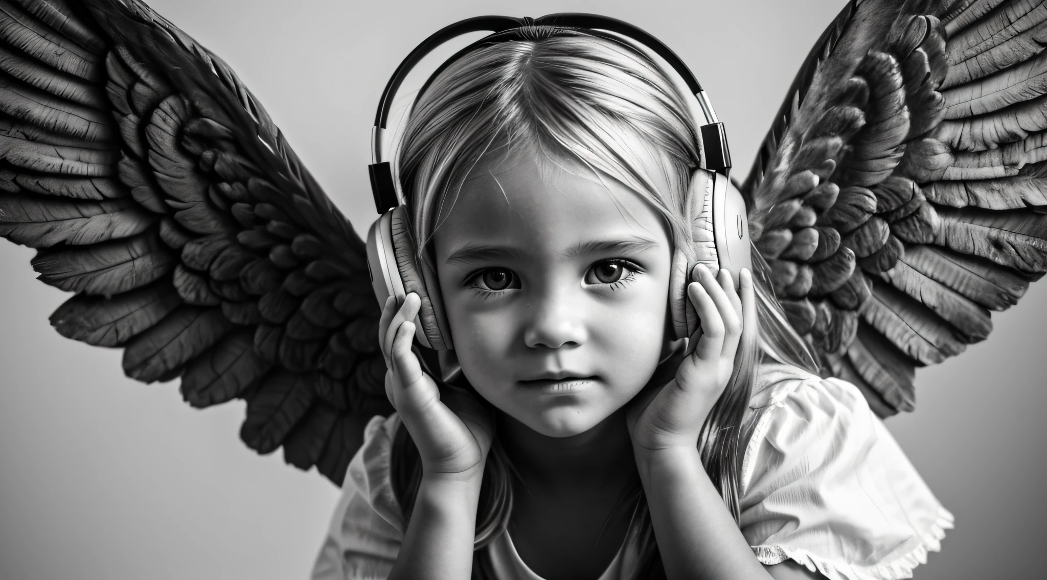 uma foto em black and white de uma CHILD blonde FIREHEAD with headphones, ANGEL'S WINGS, with hands on face.