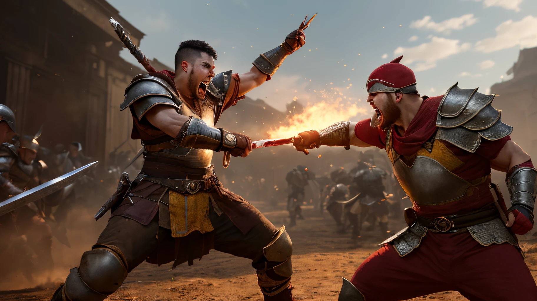 Give me a realistic cenimatic image of a young mslim warrior fighting in a battle with blood on his body and shouting