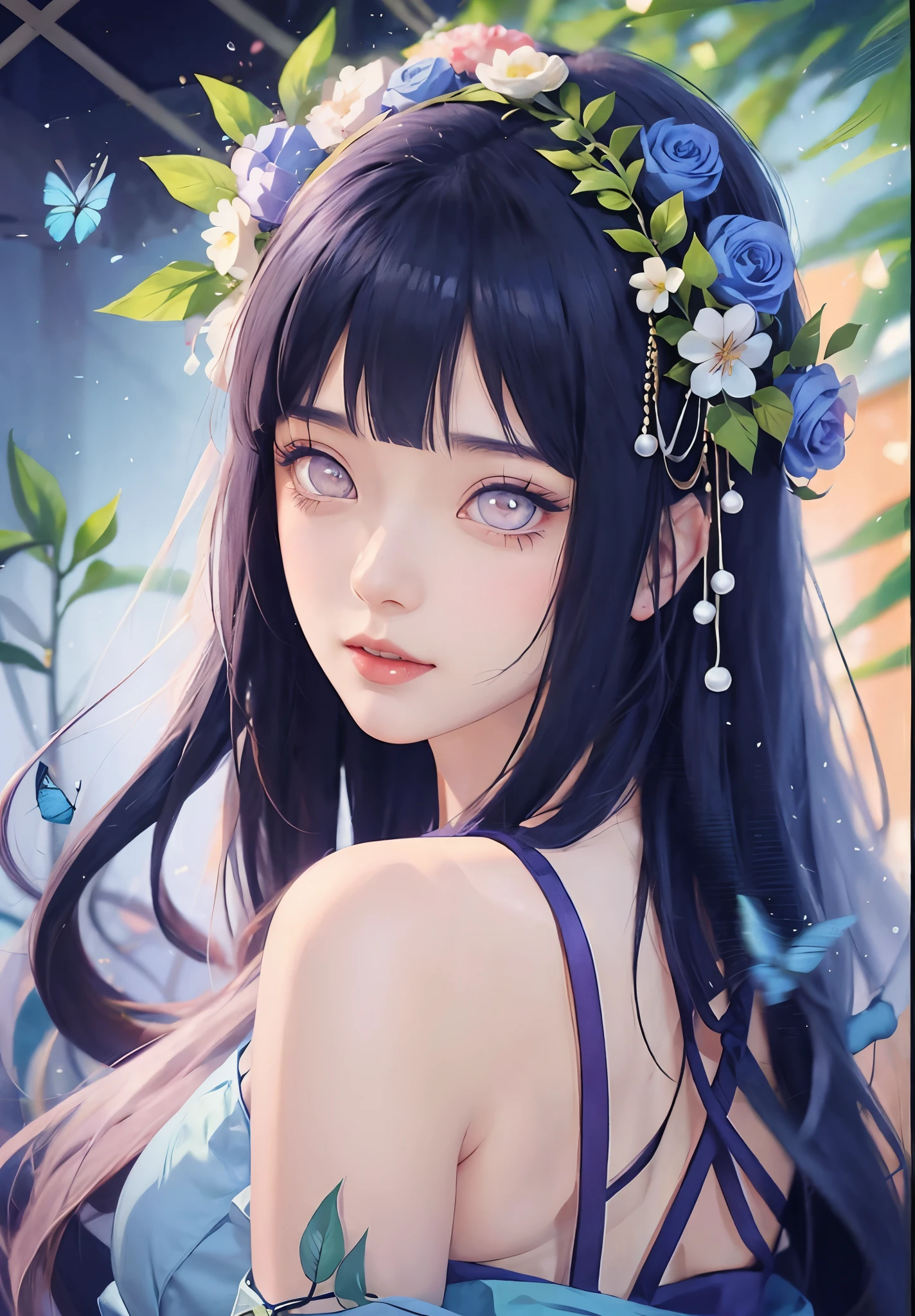 Beautiful woman with hydrangea in her hair wearing a blue dress. Anime style, realistic, highly detailed, black hair, photorealistic, (best quality, 4k, 8k, high resolution, masterpiece:1.2), super detailed, hairs between eyes
