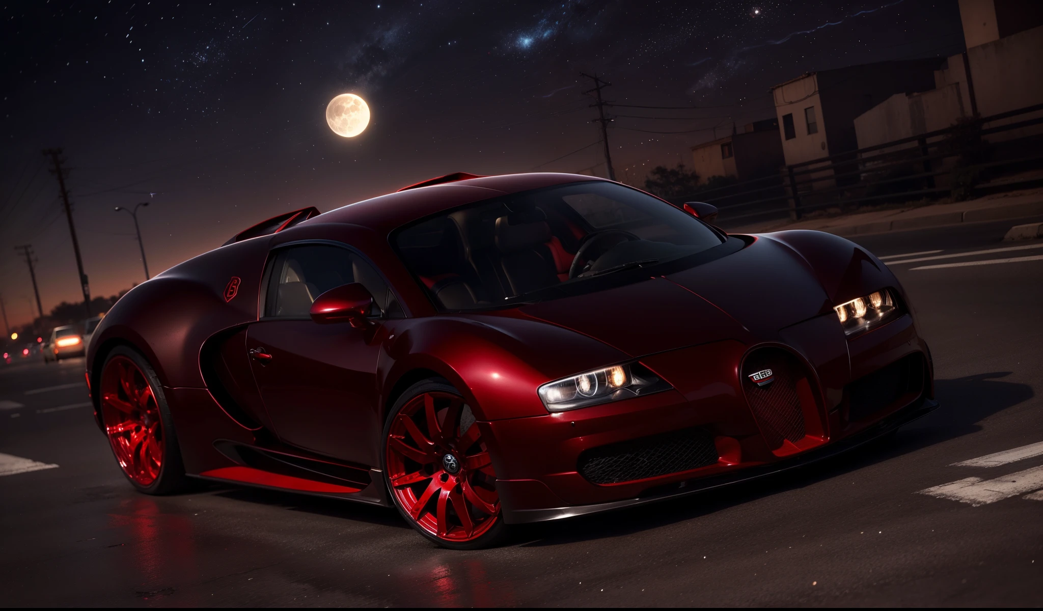 an imposing red Bugatti with its headlights on on a street in East Los Angeles on a night full of stars with Saturn appearing with rings and comets crossing the sky and with the full moon illuminated and reflecting objects. Grafitti nos muros e carros e a rua molhada e refletiva com as faixas de pedestre . 1990, estilo gangster