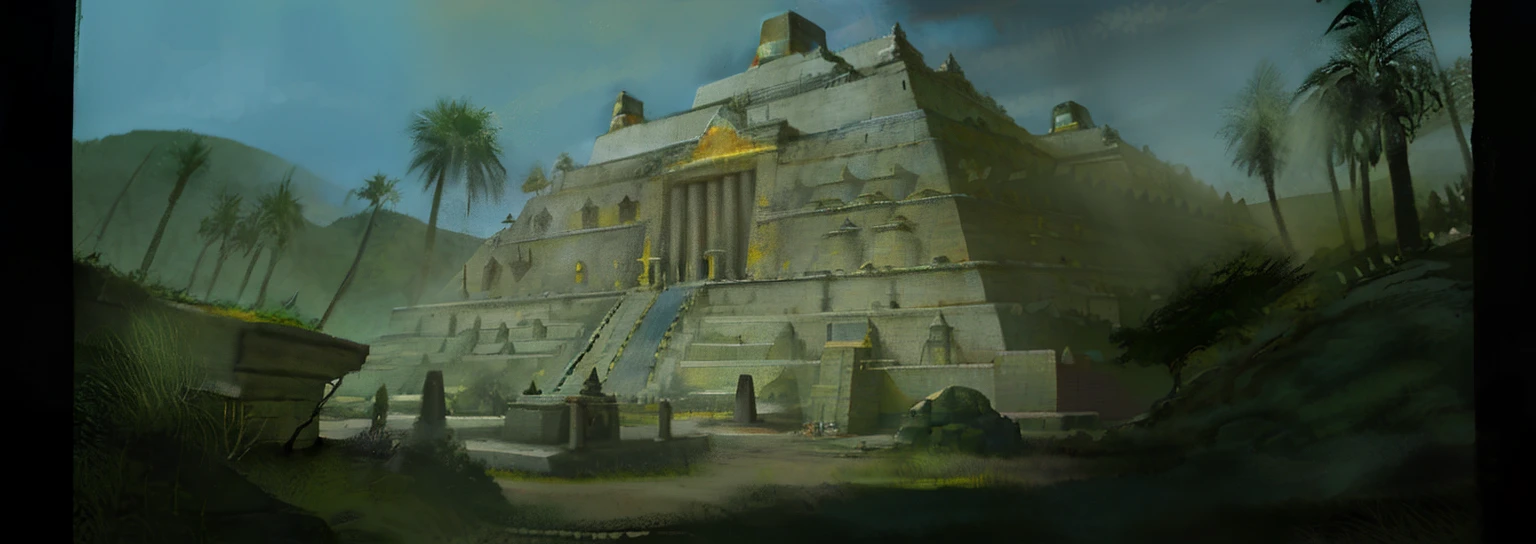 Hay una imagen de un edificio con un reloj, Antiguo templo, Misterioso entorno del templo, Estructuras de tumbas gigantes, Pyramid of the Lost World, ancient megastructure pyramid, Templo perdido, alien temple, cybertronic hindu temple, Ciudad espacial azteca gigante, zigurat, Medio ambiente egipcio, Templo del Sol, Entorno egipcio, Arquitectura azteca, Arte conceptual de videojuegos de 1992