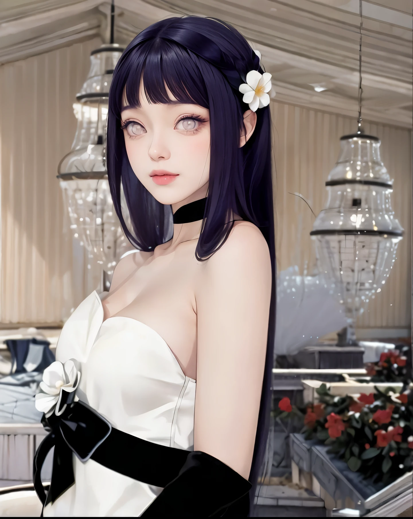tmasterpiece, Best quality at best, 1girll, Hinata Hyuga , Large breasts,Off-the-shoulder attire,(cleavage),(upperbody closeup),Raised sexy,is shy,ssmile,with black hair, long whitr hair, (Green eyeballs:1.4), Forehead protection, the cherry trees,Cherry blossoms flying,Red clothes,Zipper half ,realisticphoto ,animerealitic, realistic , perffeck charakter , quality detail , ultra high , anime from realistic